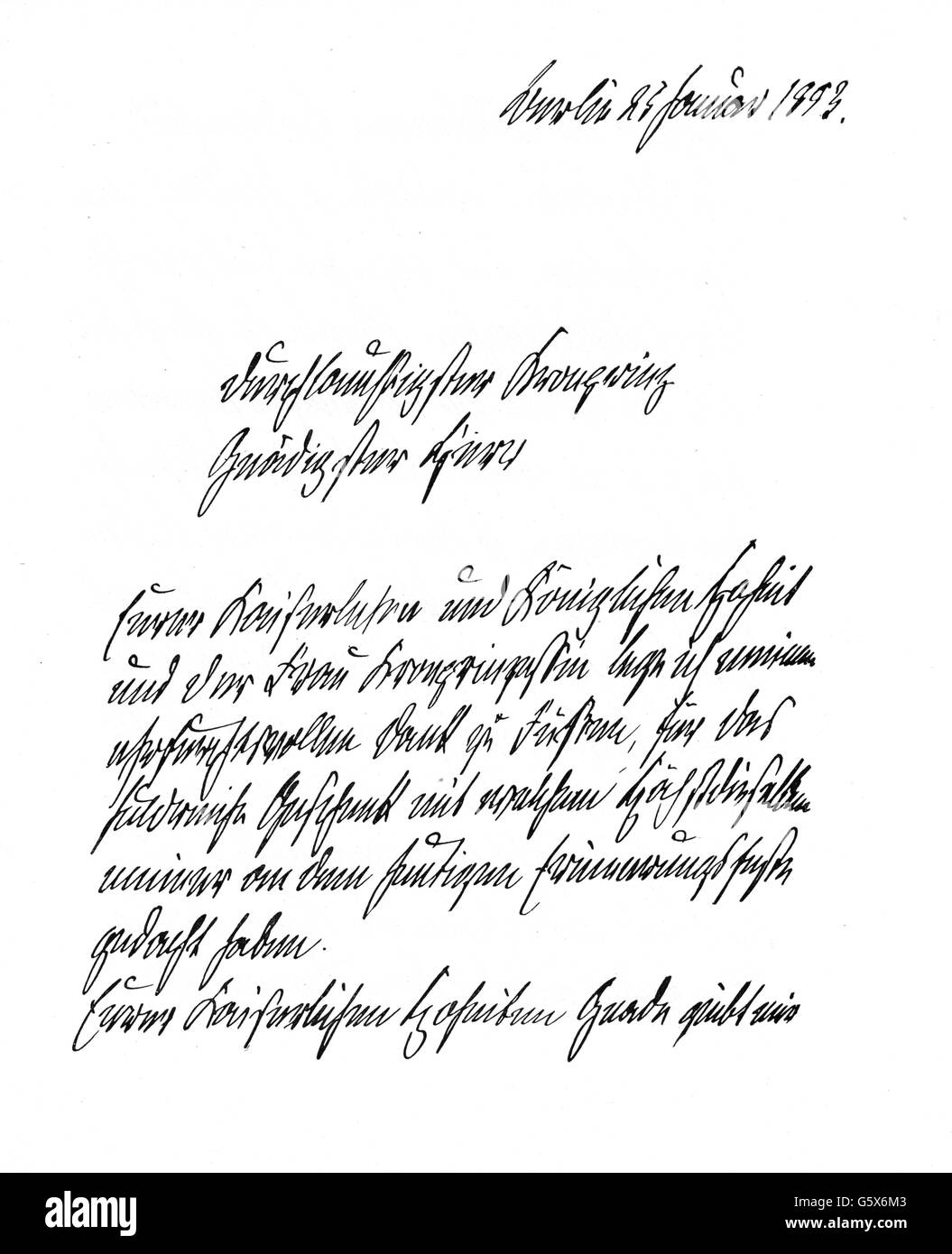 Bismarck, Otto von, 1.4.1815 - 30.7.1898, politicien allemand, chancelier de l'Empire allemand 4.5.1871 - 20.3.1890, manuscrit, lettre au prince héritier Frederick William (empereur Frederick III), Berlin, 25.1.1883, première page, Banque D'Images