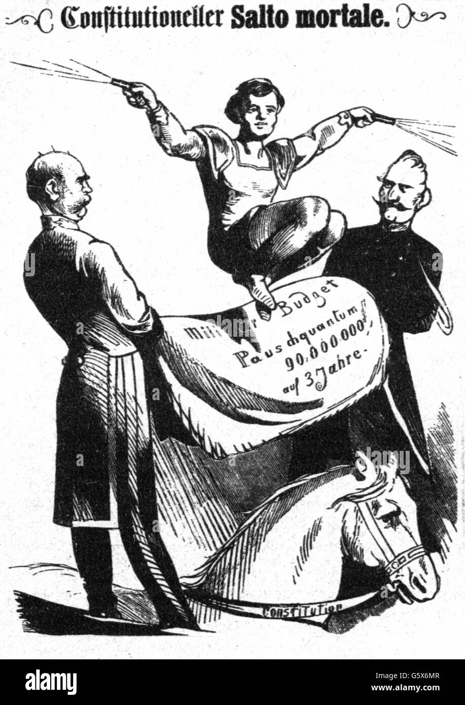 Bismarck, Otto von, 1.4.1815 - 30.7.1898, homme politique allemand, caricature, Somersault "constitutionnelles", avec Albrecht von Roon let's ont les représentants de la Diète prussienne saute sur la constitution pour le financement de la réforme de l'armée, gravure sur bois, 1862, l'artiste n'a pas d'auteur pour être effacé Banque D'Images