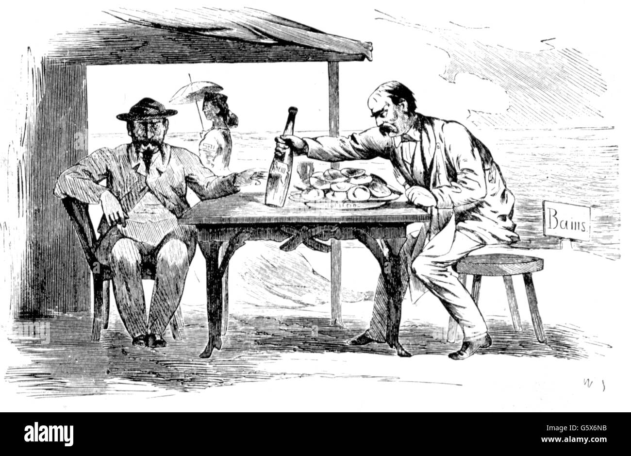 Bismarck, Otto von, 1.4.1815 - 30.7.1898, homme politique allemand, caricature, petit-déjeuner diplomatique à Biarritz, rencontre avec l'empereur Napoléon III, 4.10.1865, "Maintenant prenez l'huître vous-même et donnez-moi le vin au lieu", "pardon, mais il va avec les huîtres", gravure sur bois, 'Kladderadatsch", Berlin, 1865, copyright de l'artiste n'a pas à être effacée Banque D'Images