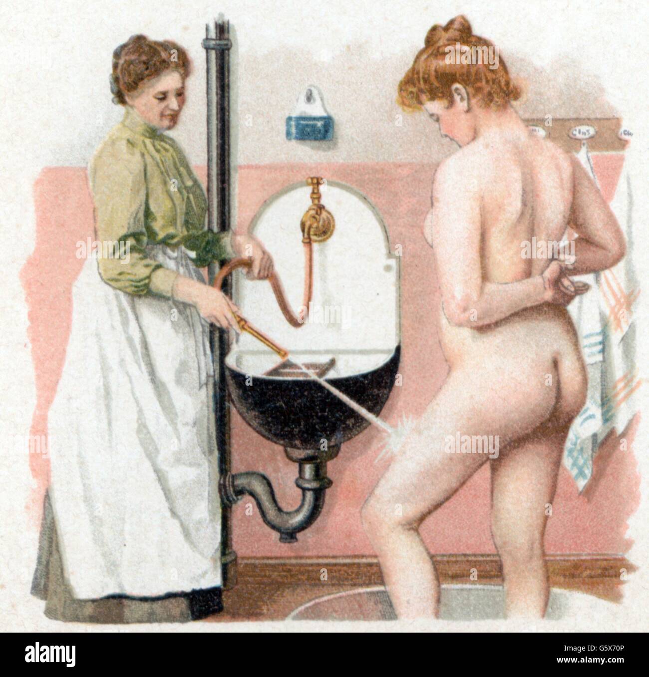 Médecine, traitement, versement intégral avec tuyau d'eau dans la cuisine, gravure en bois, de: Anna Fischer-Dückelmann, la femme comme généraliste, Stuttgart, 1903, droits additionnels-Clearences-non disponible Banque D'Images