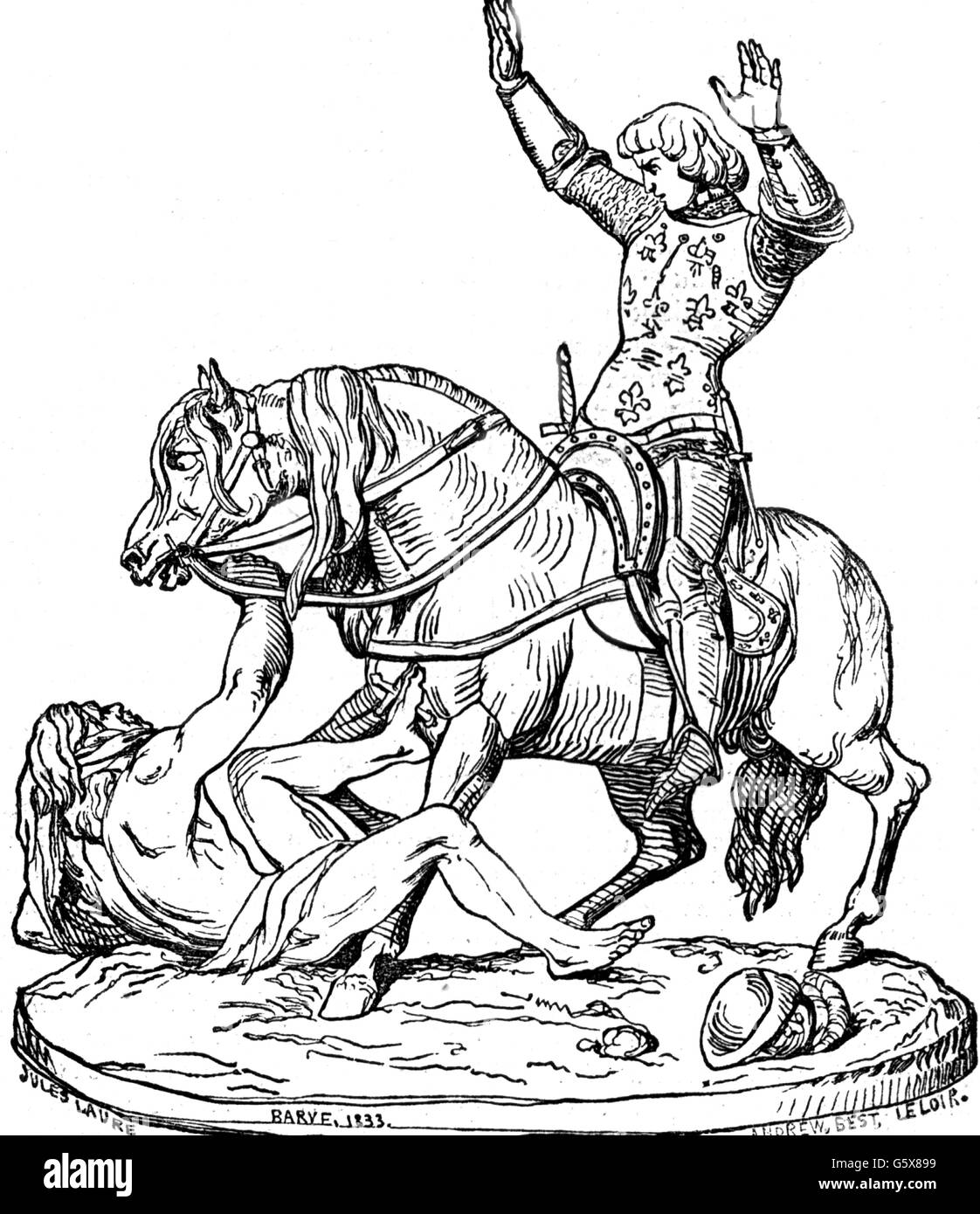 Charles VI 'la folle', 3.12.1368 - 21.10.1422, Roi de France 16.9.1380 - 21.10.1422, incident dans la forêt du Mans, 5.8.1492, la sculpture d'Antoine-Louis Barye, 1833, gravure sur bois après par dessin de Jules Laure, 19e siècle, l'artiste n'a pas d'auteur pour être effacé Banque D'Images