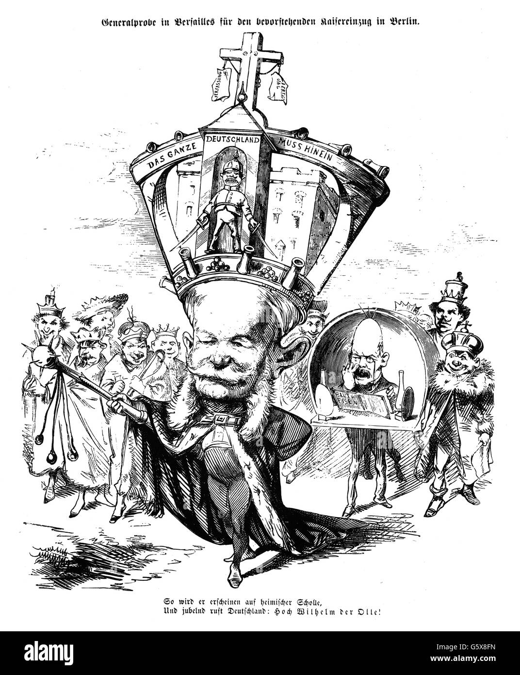William J, 22.3.1797 - 9.3.1888, l'empereur allemand 18.1.1871 - 9.3.1888, le roi de Prusse - 2.1.1861 9.3.1888, caricature, une « répétition générale à Versailles pour la prochaine entrée de l'empereur à Berlin', gravure sur bois, 'Figaro', Vienne, 17.12.1870, auteur de l'artiste n'a pas à être effacée Banque D'Images