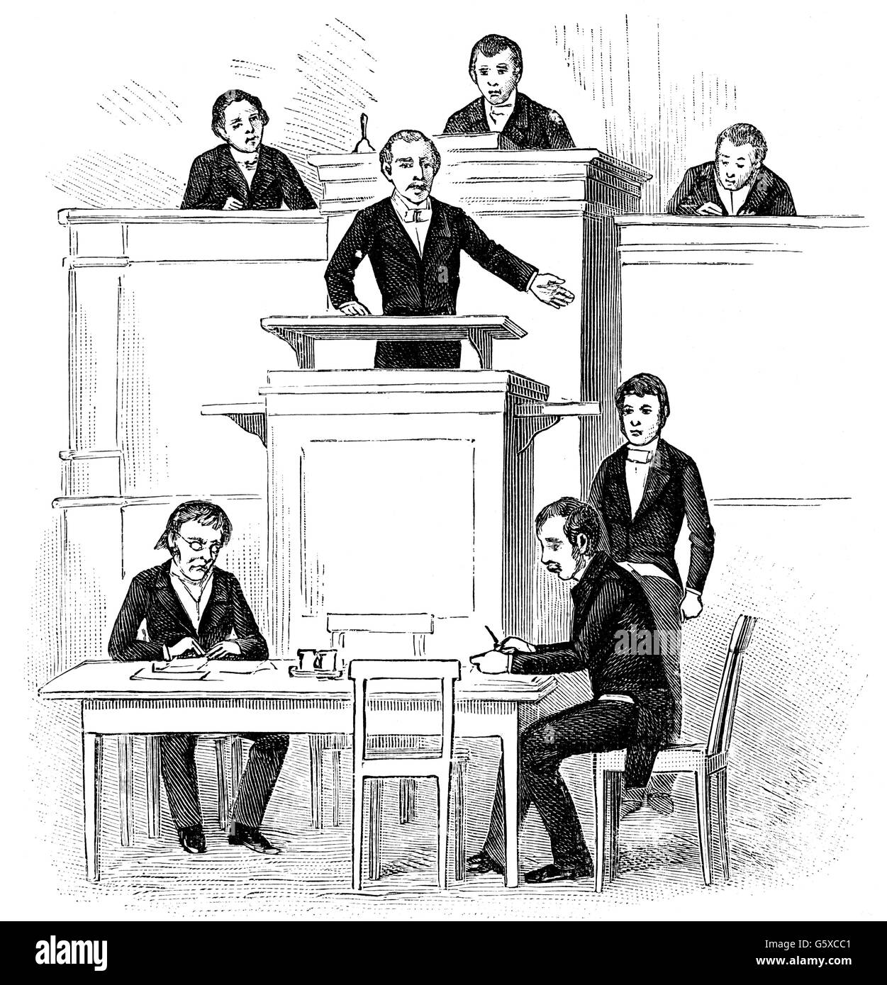 Écriture, table des sténographes à la Chambre des représentants prussienne, après un dessin, par Hosemann, gravure en bois, 1851, droits additionnels-Clearences-non disponible Banque D'Images