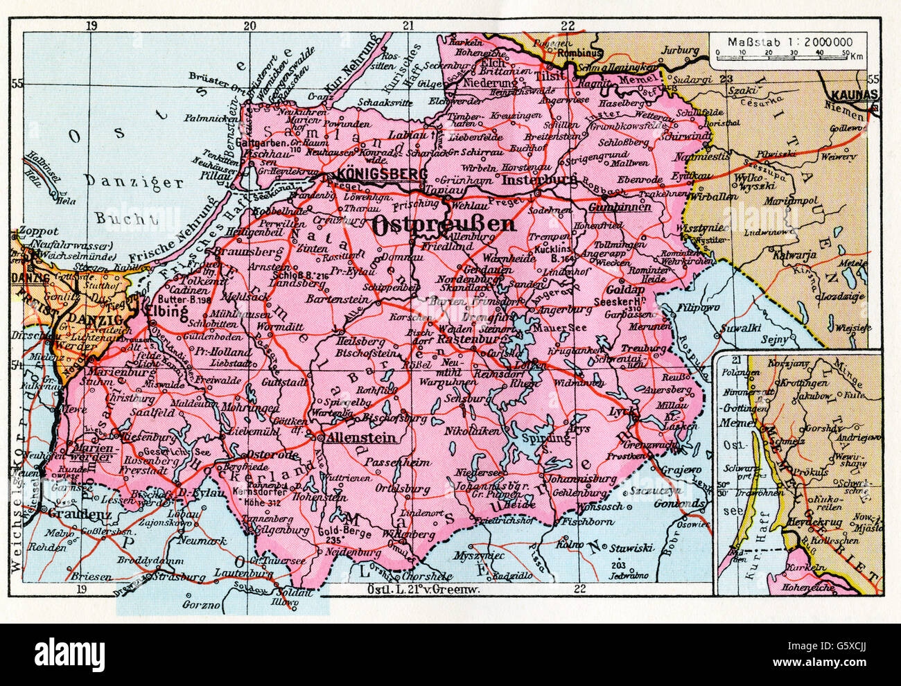 Cartographie, carte, Europe, Allemagne, district Prusse est, Politischer Handatlas, Georg Westermann, Brunswick, 1938, droits additionnels-Clearences-non disponible Banque D'Images