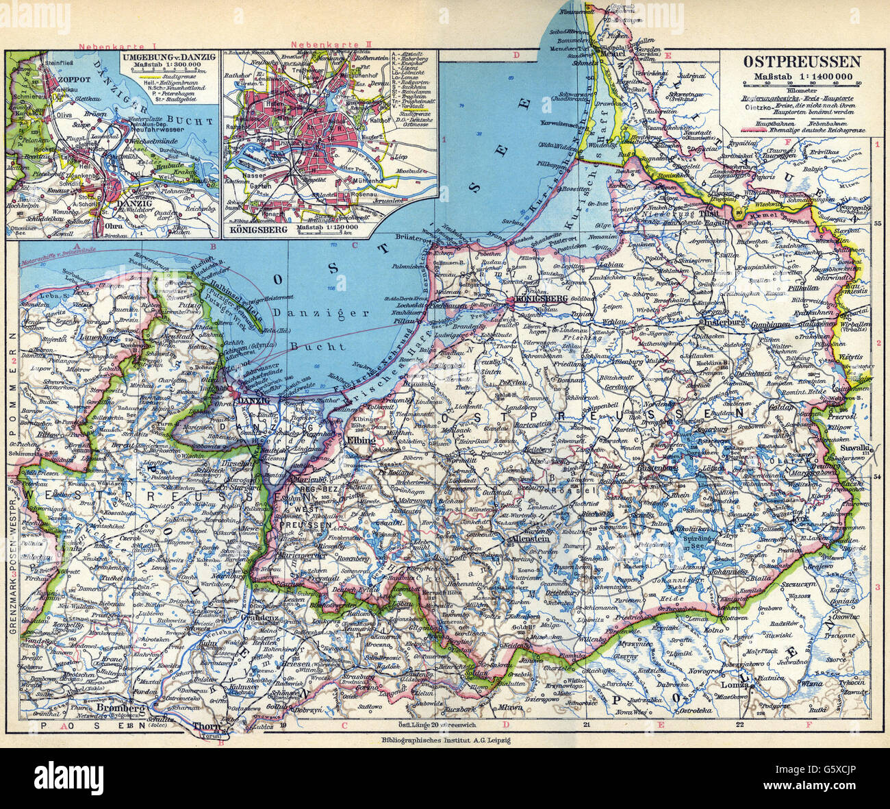 Cartographie, cartes, Europe, Allemagne, Prusse orientale, Koenigsberg, Danzig et environs, Meyers Handatlas, 1931, droits additionnels-Clearences-non disponible Banque D'Images