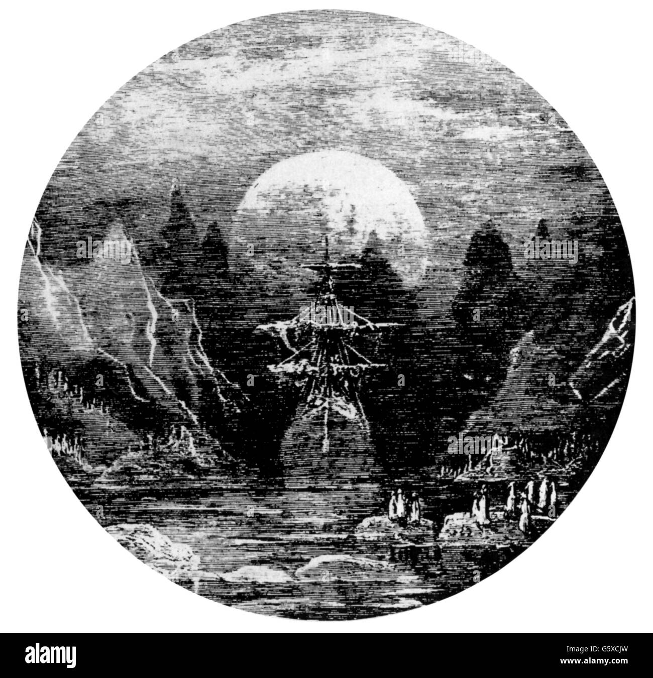 Science, recherche polaire, navire dans un paysage polaire au clair de lune, gravure de bois, fin du XIXe siècle, transport, transport, navigation, navires, navire, glace, berg, icebergs, bergs, expédition polaire, expéditions polaires, exploration, explorations, lune, paysages, historique, historique, historique, droits additionnels-Clearences-non disponible Banque D'Images