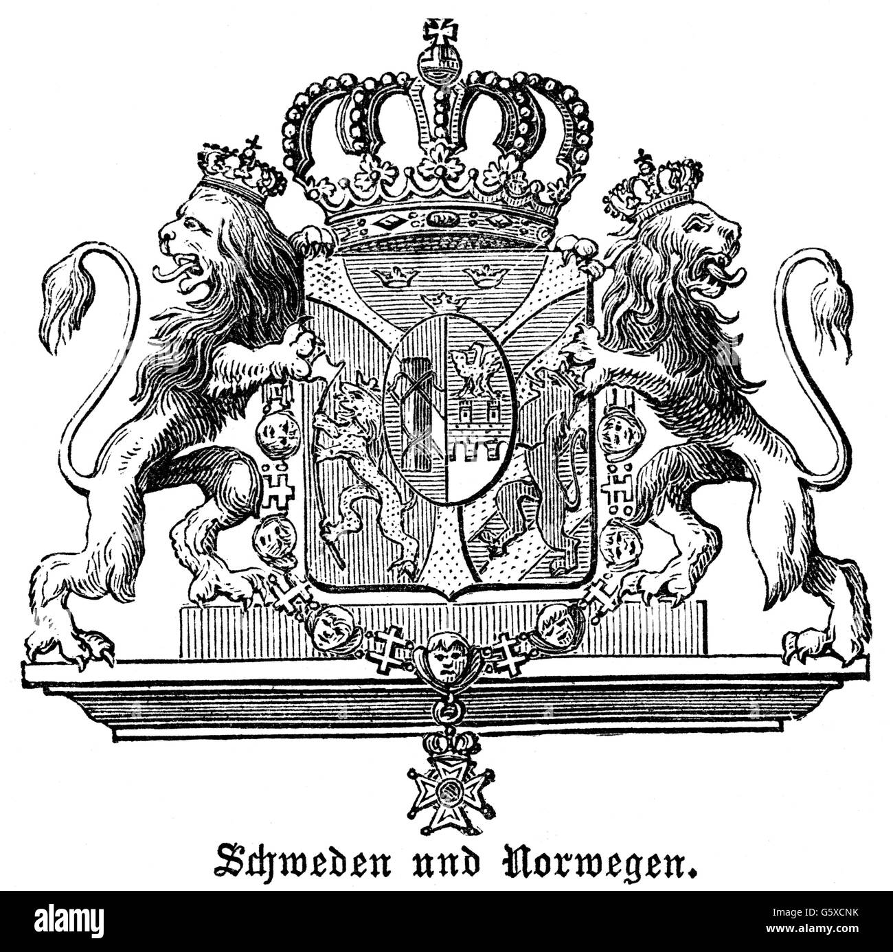 heraldry, armoiries, Suède, armoiries d'État du Royaume de Suède et de Norvège, gravure en bois, 1872, droits additionnels-Clearences-non disponible Banque D'Images