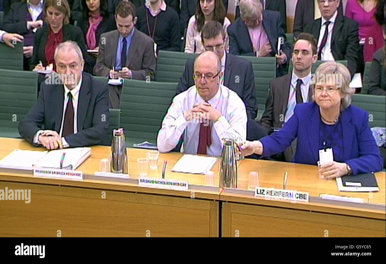 Le directeur médical du NHS, le professeur Sir Bruce Keogh (à gauche), Sir David Nicholson (au centre) et Liz Redfern CBE (à droite), témoignent d'un comité spécial de la santé de la Chambre des communes sur le rapport sur les défaillances graves du Mid Staffordshire NHS Foundation Trust. Banque D'Images