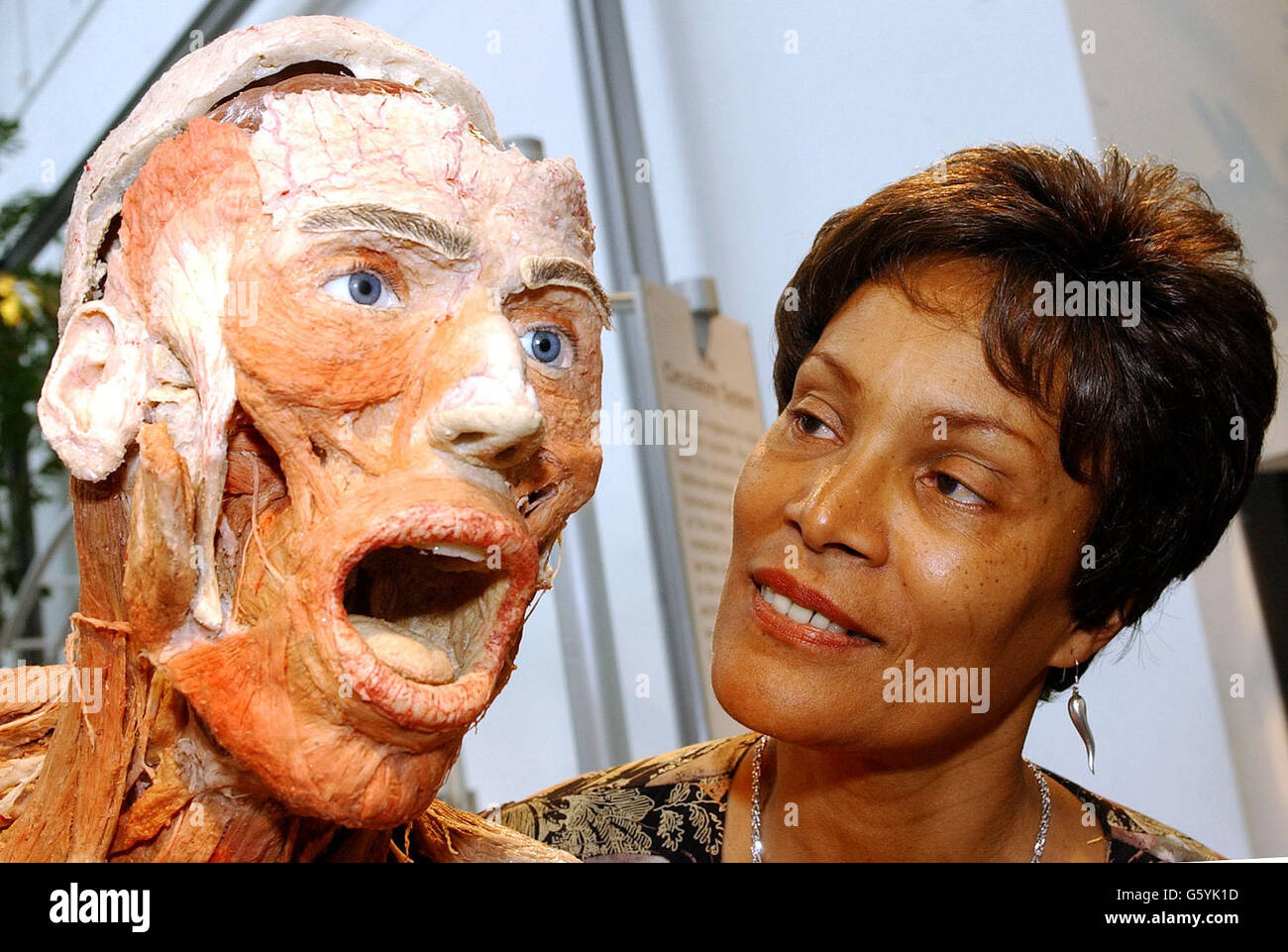 Eulinda Clarke-Akalanne, 60 ans, de Somerset, qui a décidé de devenir donneur de corps, pichuta à côté d'un plastiner à l'exposition Body World à la Galerie Atlantis à Brick Lane, est de Londres.*...Un groupe de donateurs de tout le pays s'est rendu au rassemblement de Londres pour venir face à face avec le professeur Gunther von Hagens, le créateur de l'anatomie, show Body Worlds. Banque D'Images