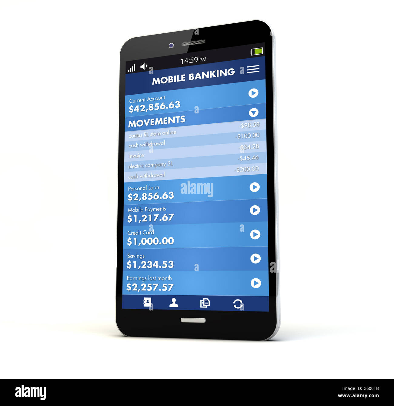 Le rendu d'un téléphone avec les services bancaires en ligne à l'écran isolé. Écran graphique sont constitués. Le rendu 3D Banque D'Images