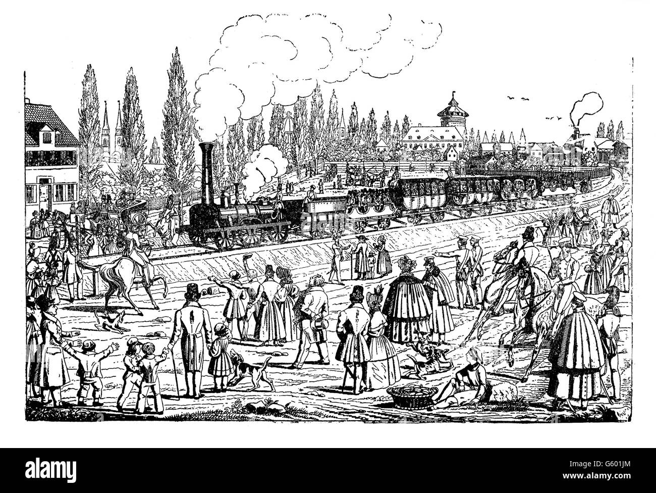 Nuernberg-Fuerth : locomotive à vapeur et train passage inauguration, 1835 Banque D'Images