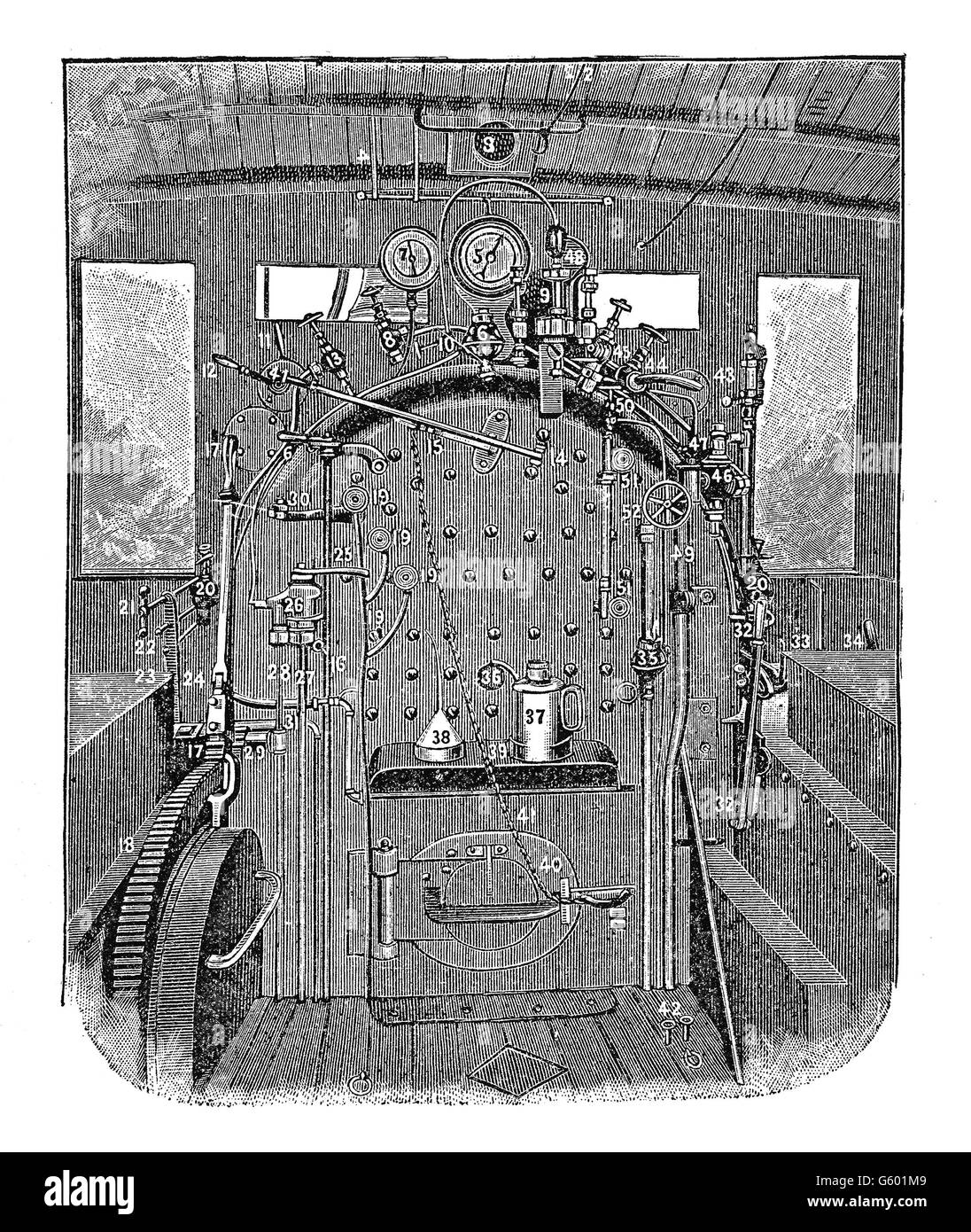 Illustration antique de l'intérieur : la chaudière de locomotive à vapeur Banque D'Images