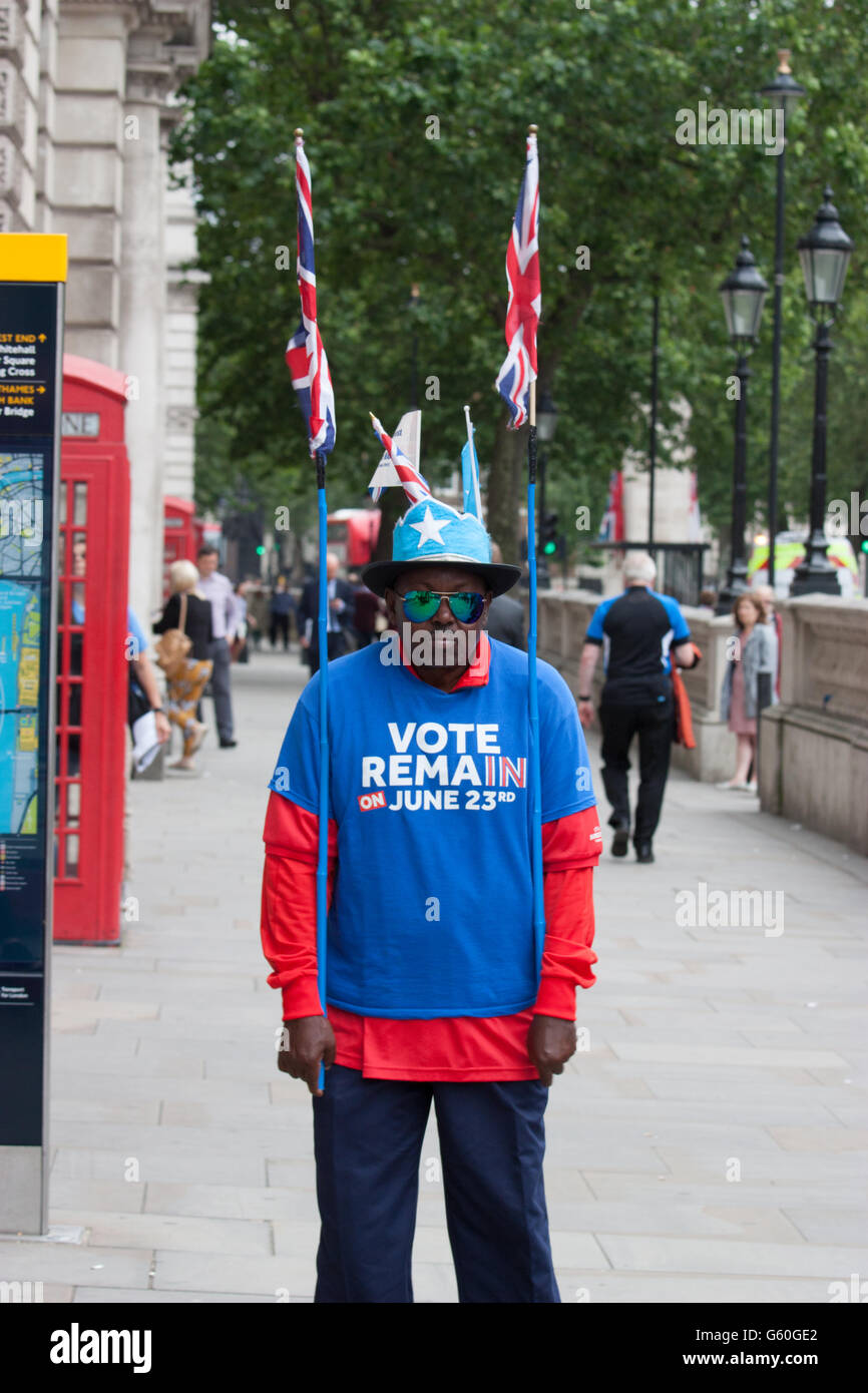Brexit Référendum. Vote restent supporter dans Westminster London avec drapeaux Union Jack Banque D'Images