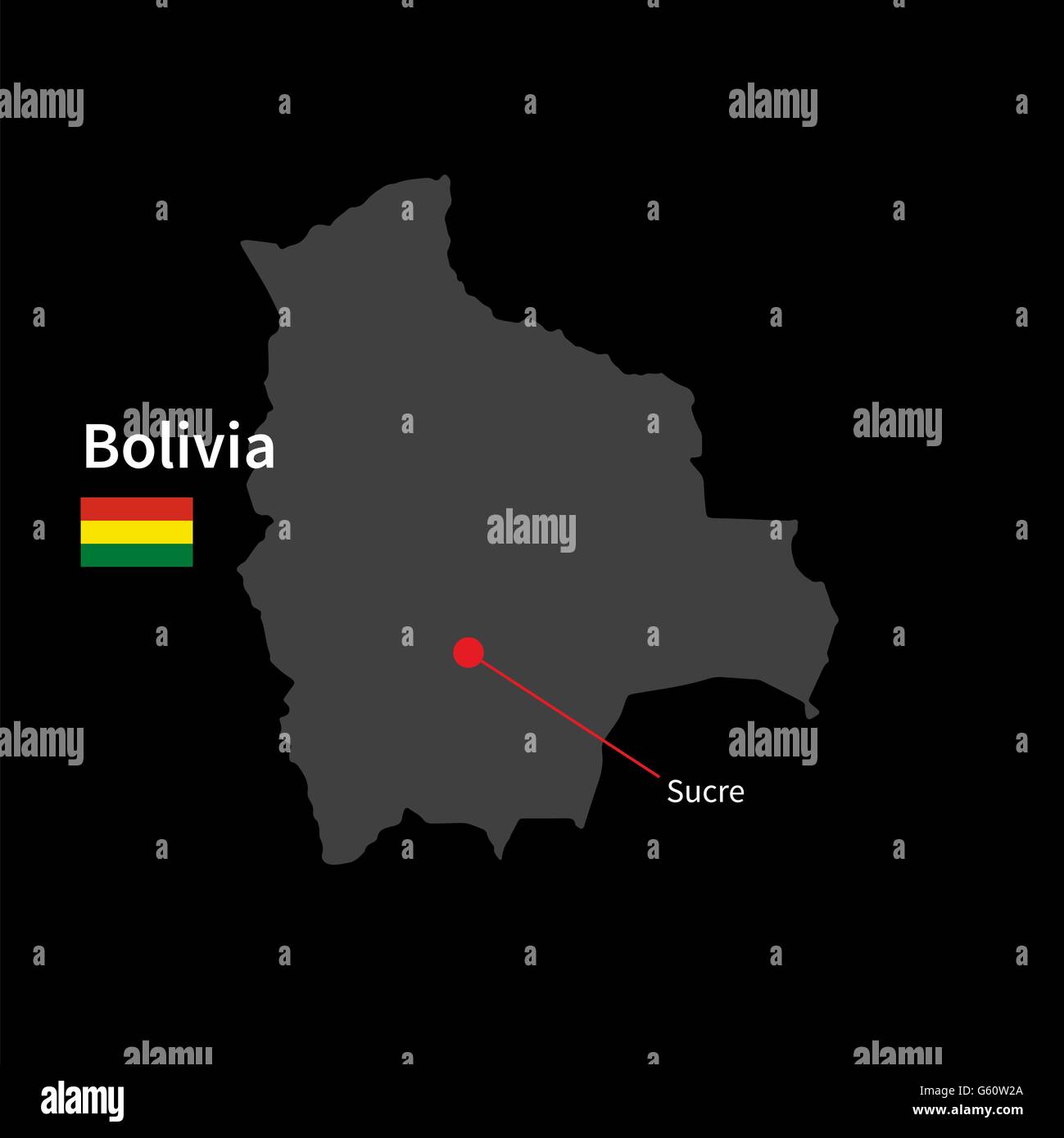 Carte détaillée de la Bolivie et capitale Sucre avec drapeau sur fond noir Illustration de Vecteur