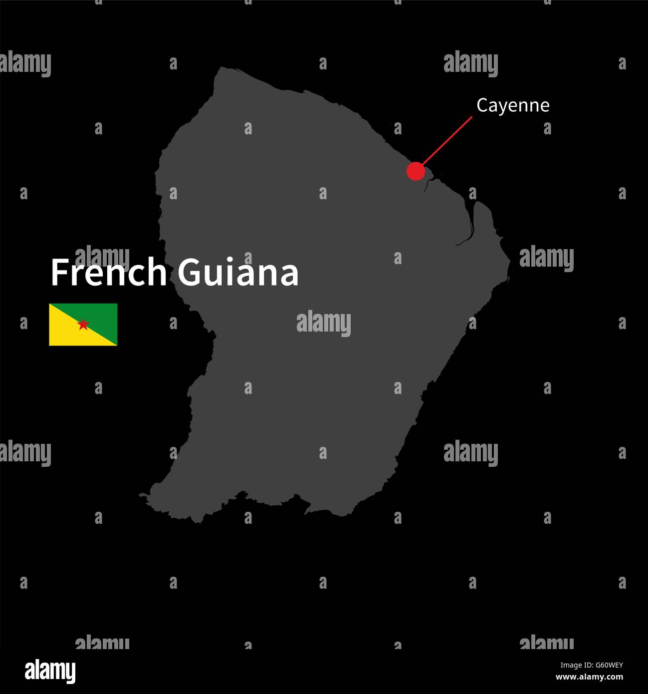 Carte détaillée de la Guyane française et capitale Cayenne avec drapeau sur fond noir Illustration de Vecteur