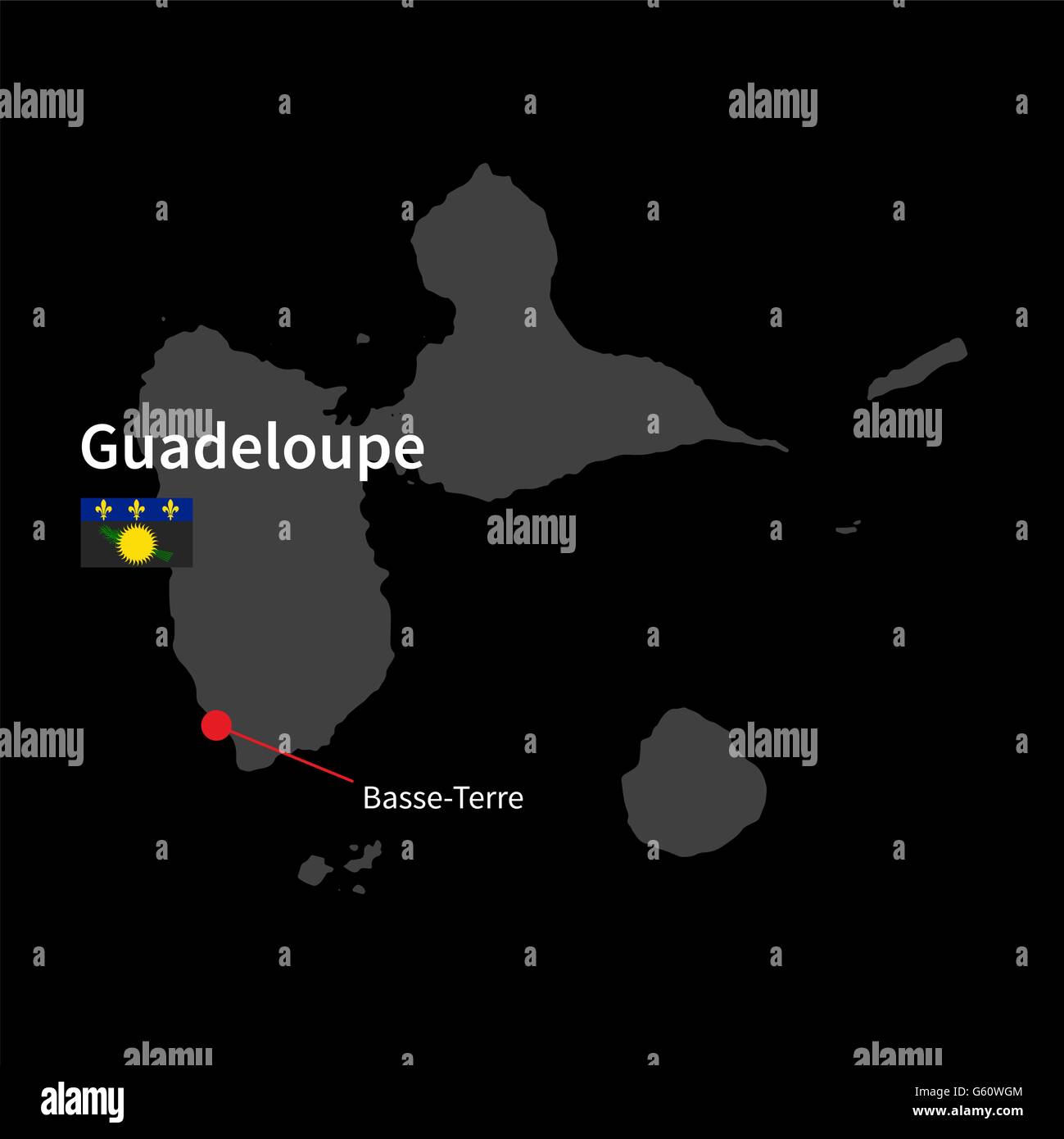Carte détaillée de la Guadeloupe et capitale Basse-Terre avec drapeau sur fond noir Illustration de Vecteur