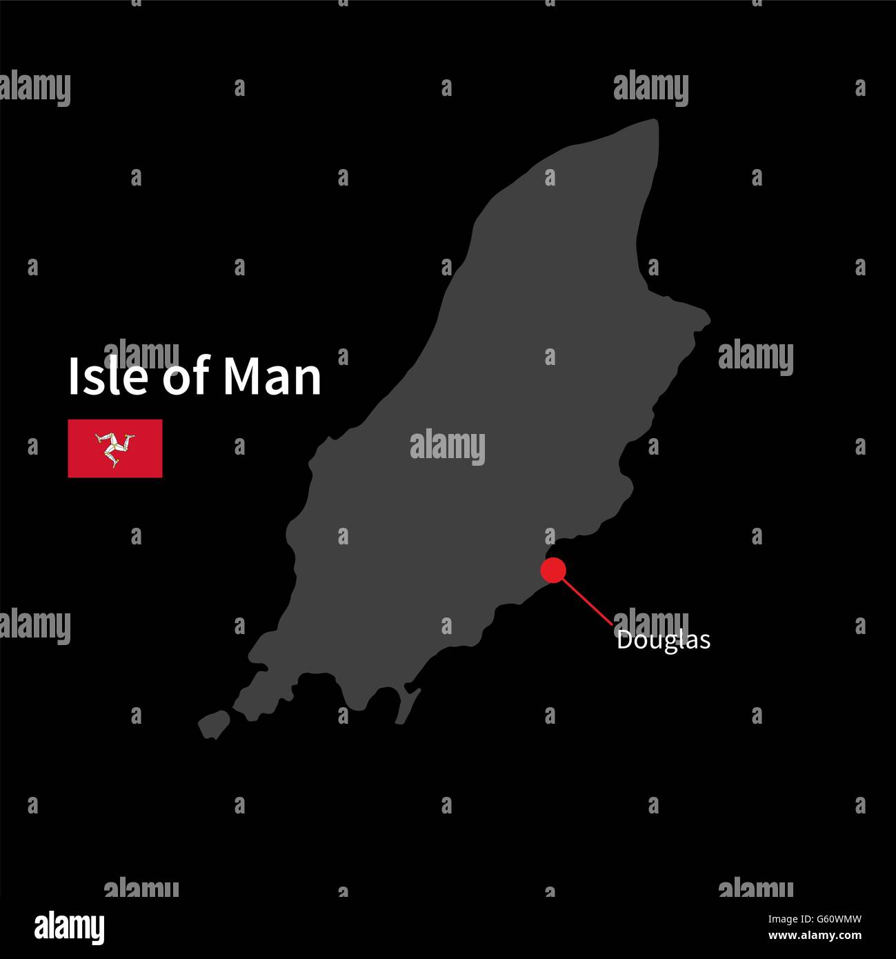 Carte détaillée de l'île de Man et capitale Douglas avec drapeau sur fond noir Image Vectorielle