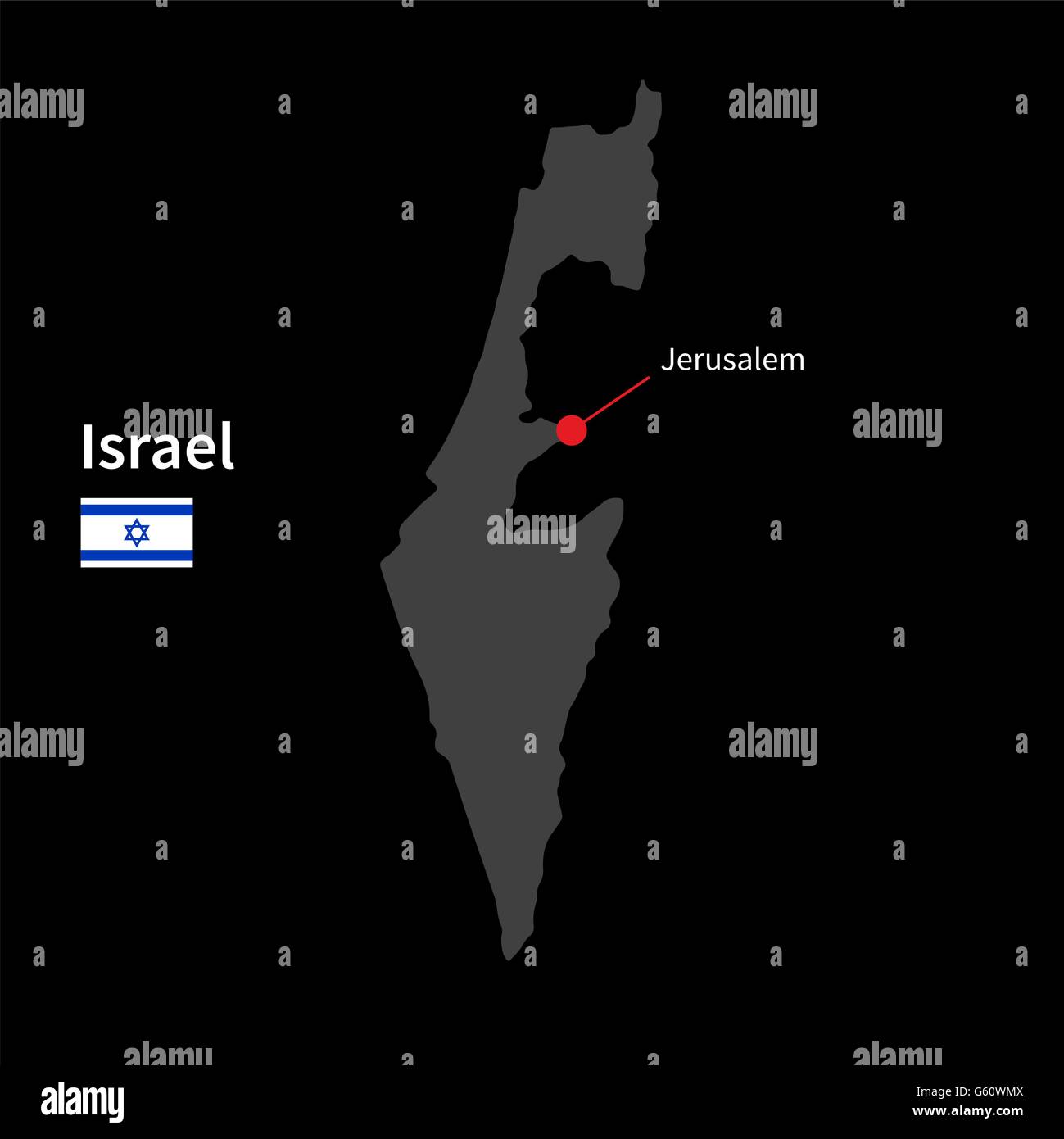 Carte détaillée d'Israël et capitale Jérusalem avec drapeau sur fond noir Illustration de Vecteur