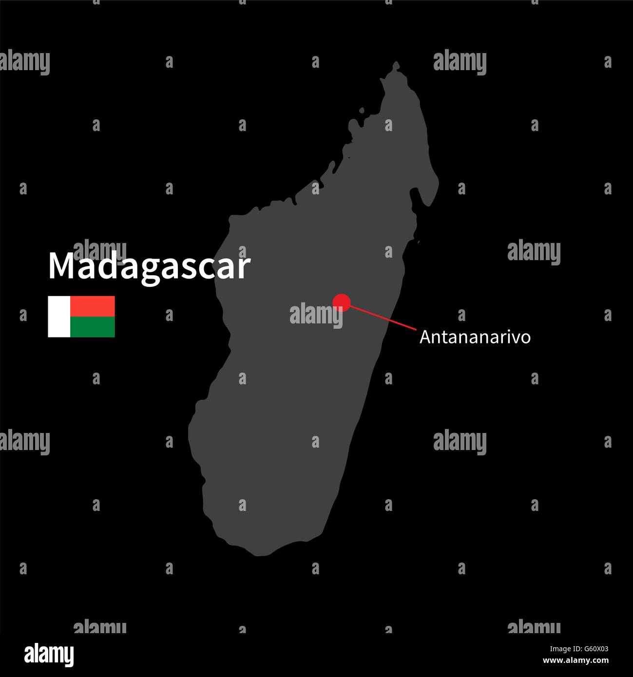 Details De La Carte De Madagascar Et Capitale Antananarivo Avec Drapeau Sur Fond Noir Image Vectorielle Stock Alamy