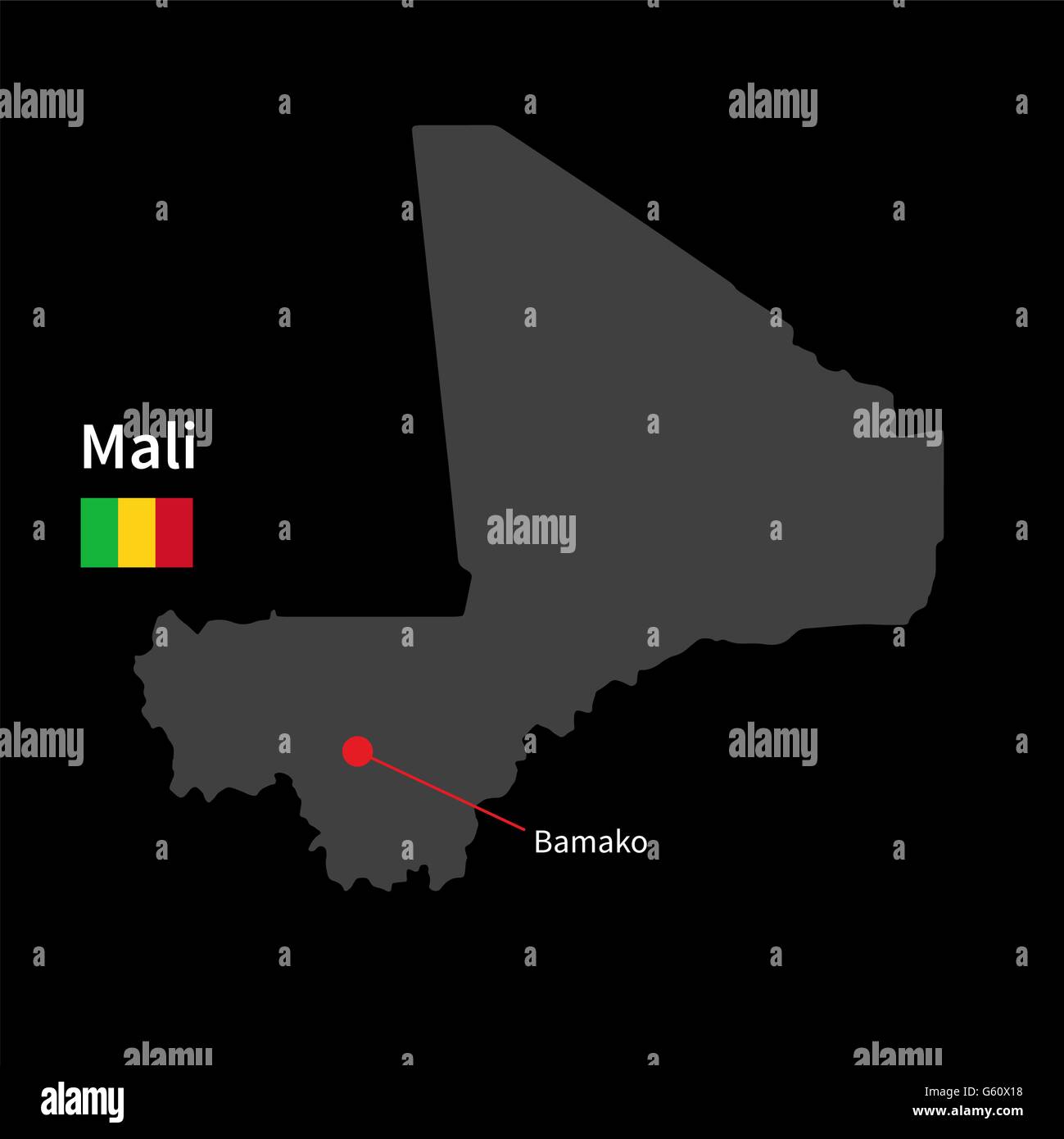 Carte détaillée du Mali et capitale Bamako avec drapeau sur fond noir Illustration de Vecteur