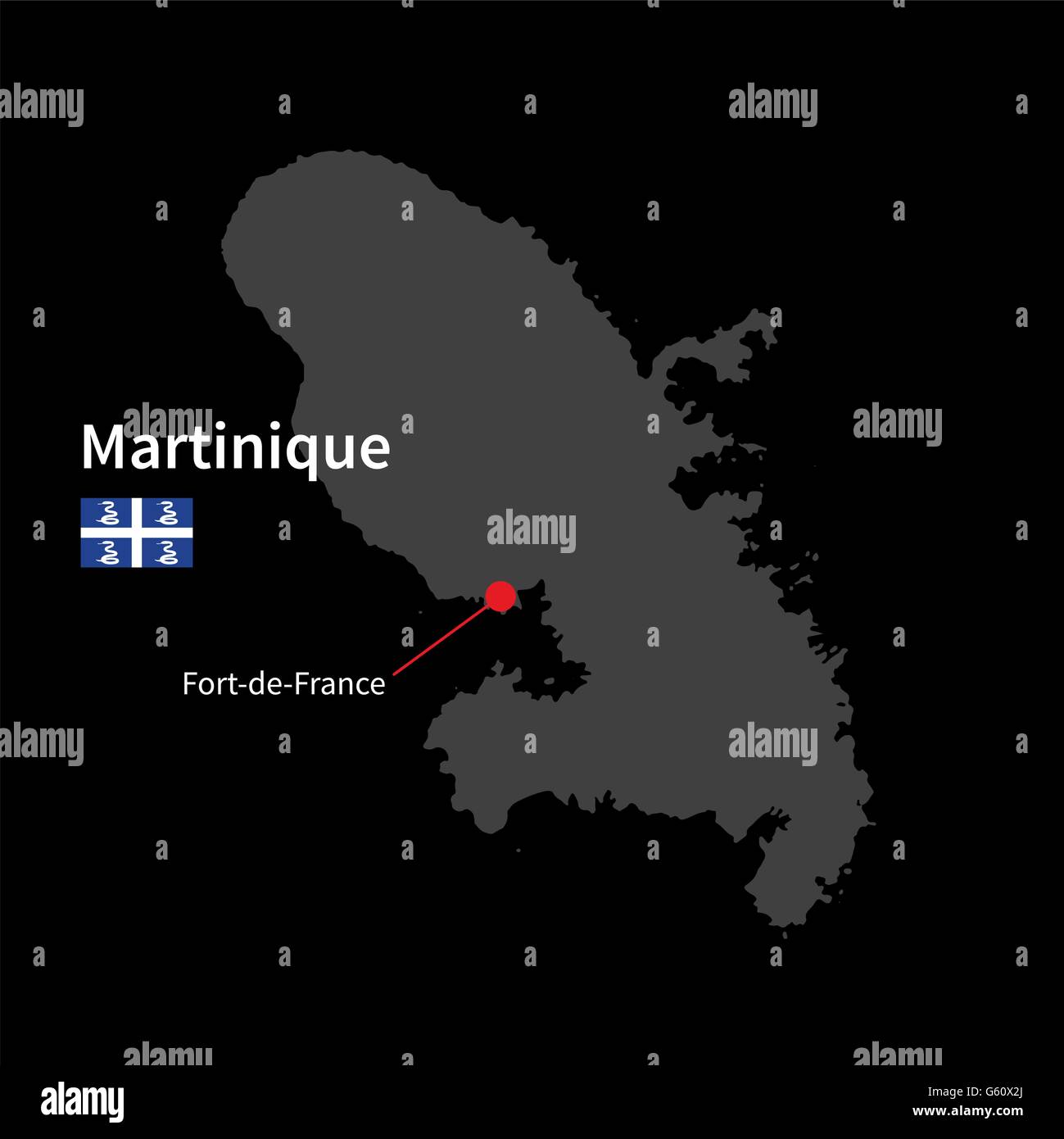 Carte détaillée de la Martinique et de la capitale Fort-de-France avec le drapeau sur fond noir Illustration de Vecteur
