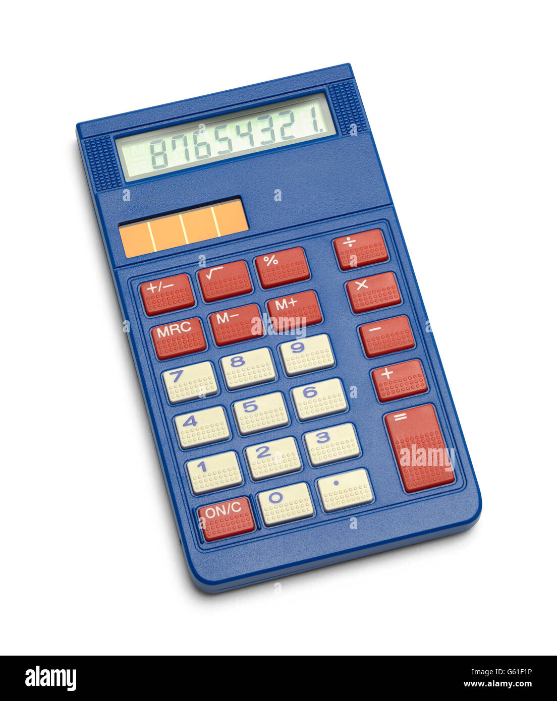 Solaire bleu Calculatrice scolaire isolé sur fond blanc. Banque D'Images