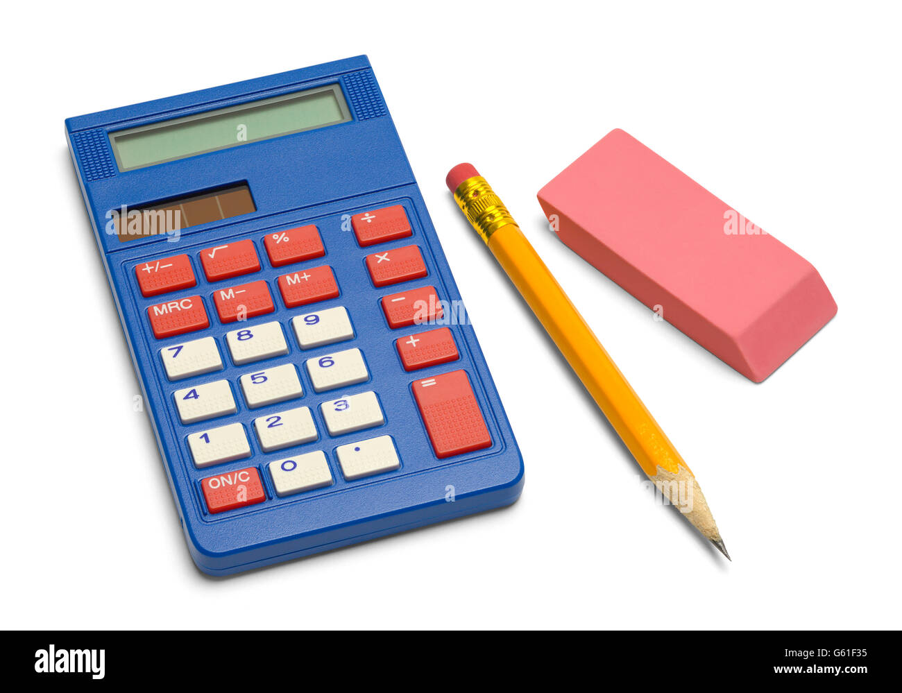 Calculatrice bleu avec Crayon et Gomme isolé sur fond blanc. Banque D'Images