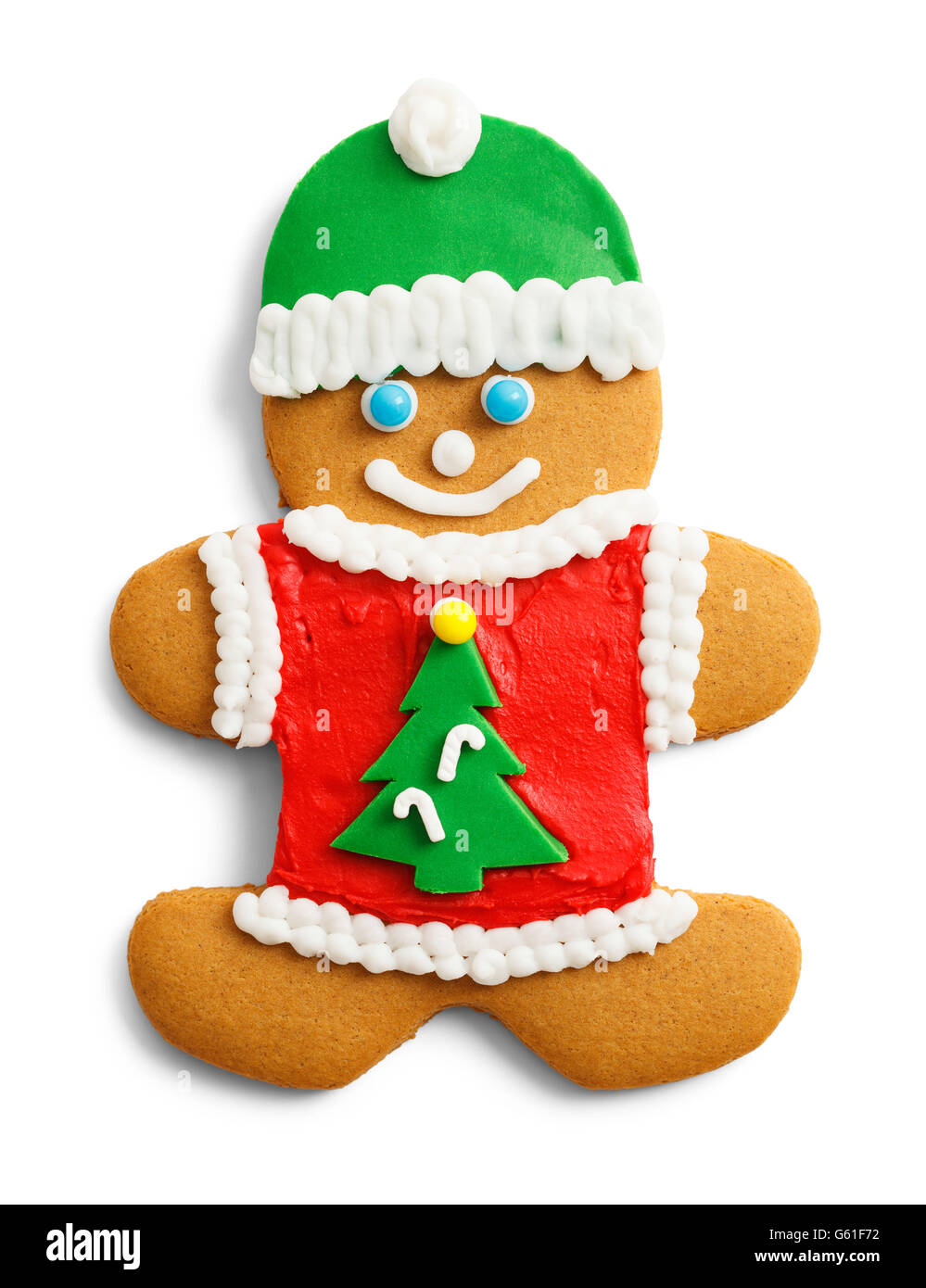 Arbre de Noël Gingerbread Cookie avec Pull et chapeau bas isolé sur fond blanc. Banque D'Images