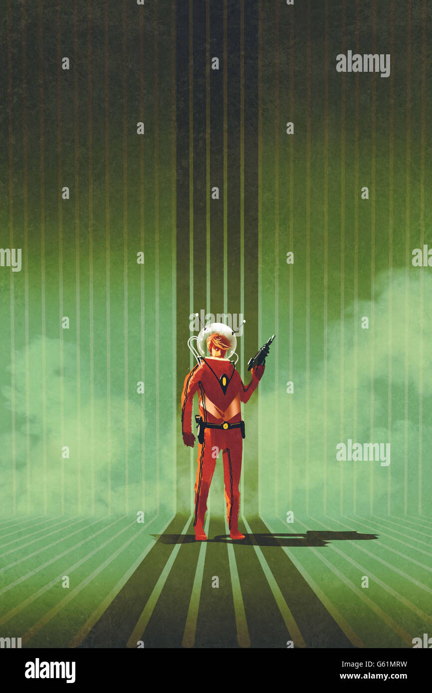 Super héros en costume rouge holding gun sur fond vert,Peinture,illustration style vintage Banque D'Images