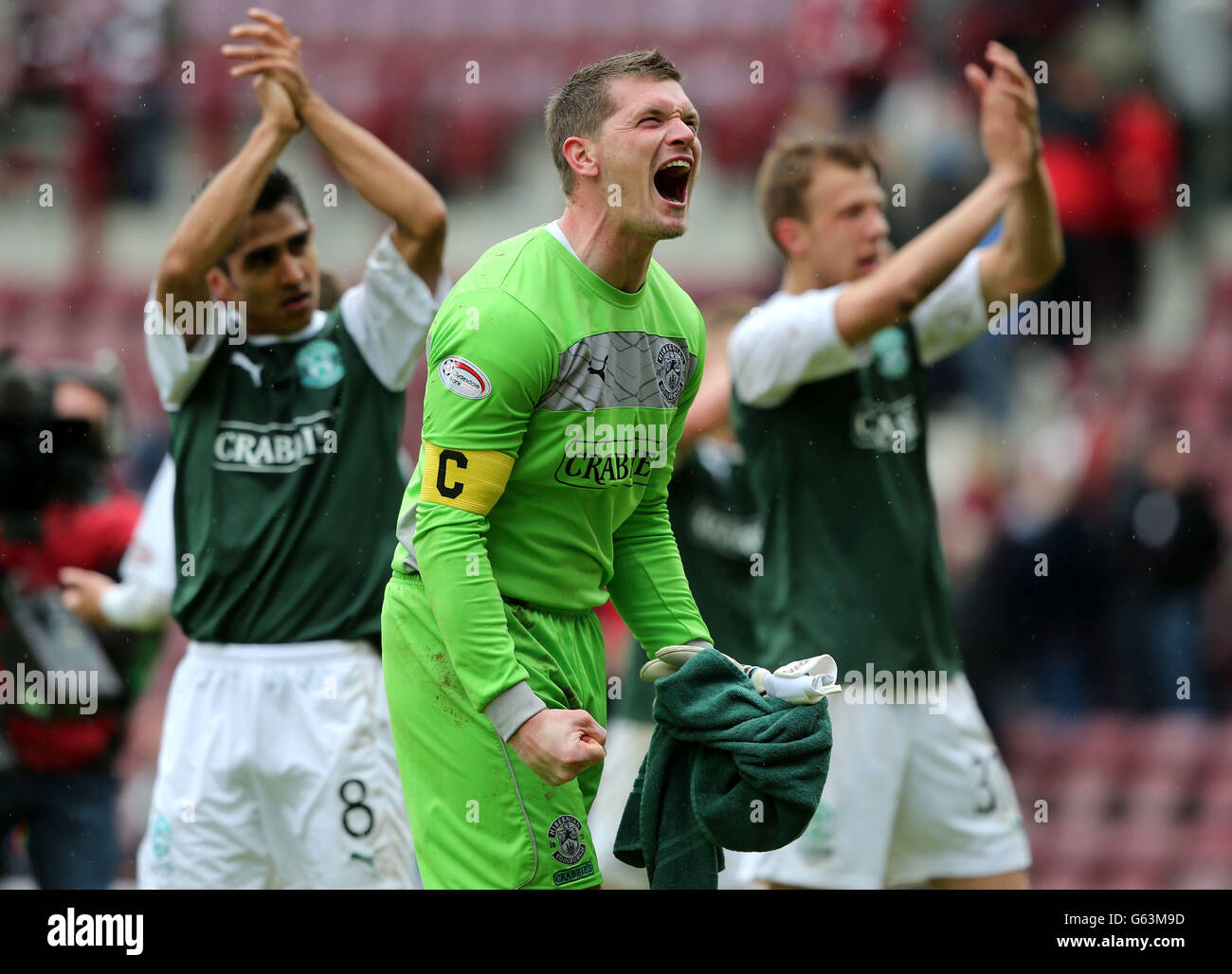 Ben Williams, gardien de but Hibernien, célèbre à plein temps contre les cœurs lors du match de la première ligue de la Banque de Clydesdale au stade Tynecastle, à Édimbourg. Banque D'Images