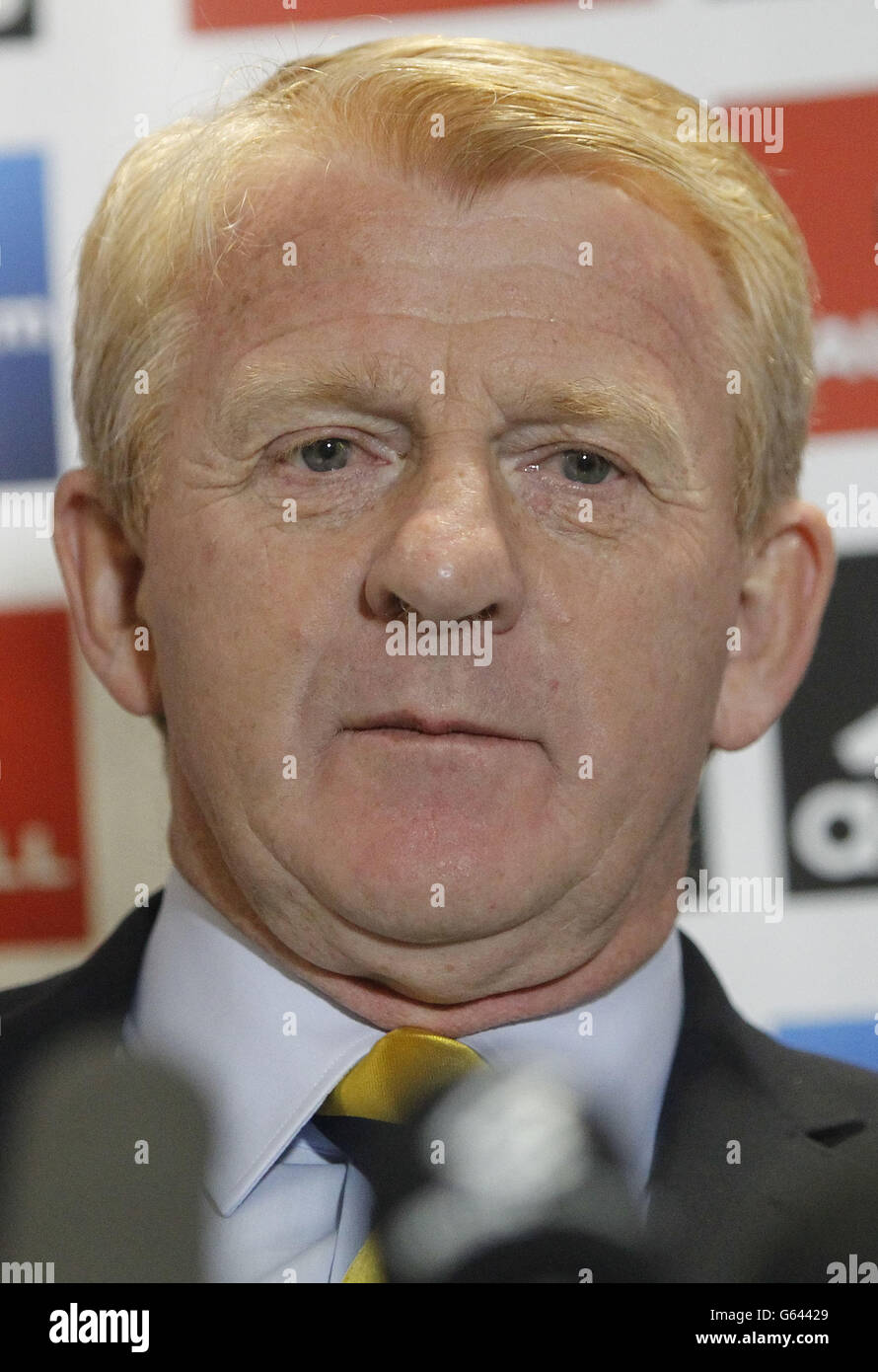 Gordon Strachan, entraîneur national d'Écosse, lors de l'annonce de l'équipe à Hampden Park, Glasgow. Banque D'Images