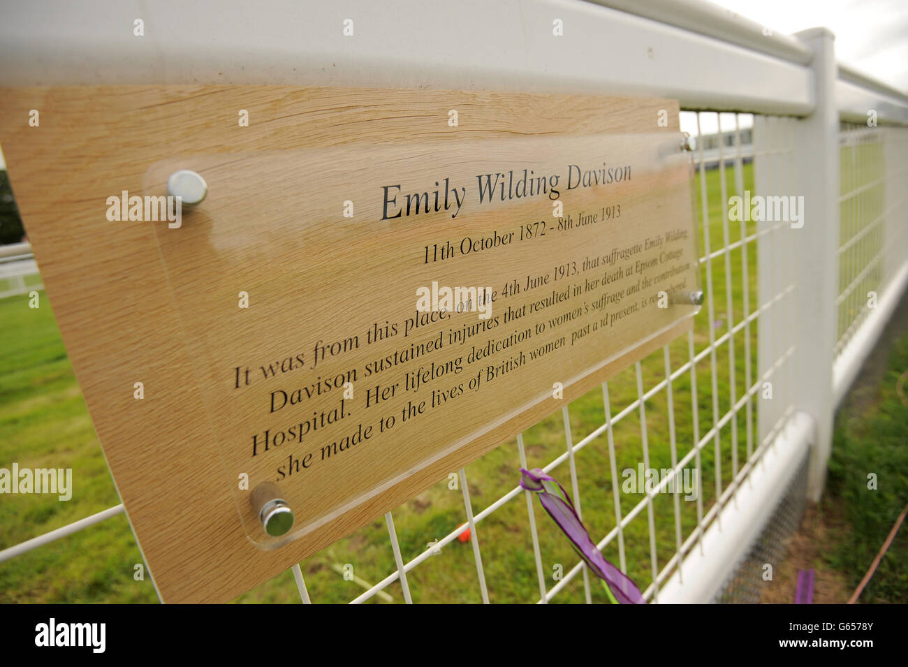 Vue générale d'une plaque sur Tattenham Corner où la suffragette Emily Davison a subi des blessures mortelles après avoir été frappée par le cheval du roi George V Anmer le 4 juin 1913 Banque D'Images