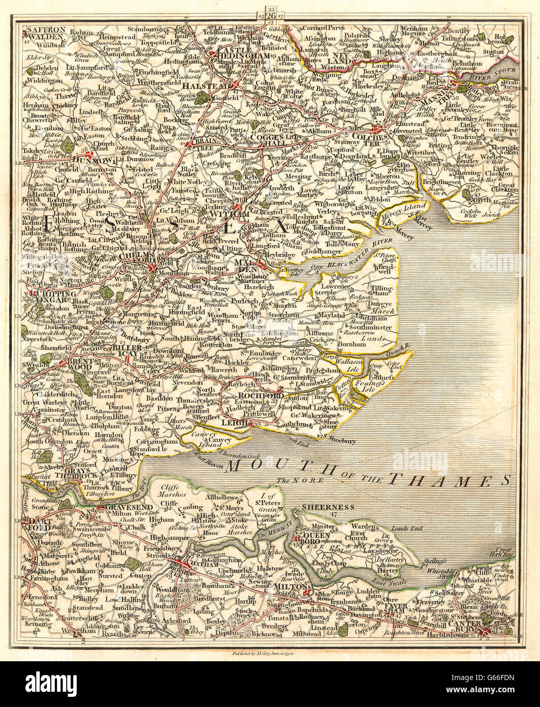 THAMES ESTUARY:Colchester Essex Kent Chelmsford Dartford Southend.Cary, 1794 map Banque D'Images