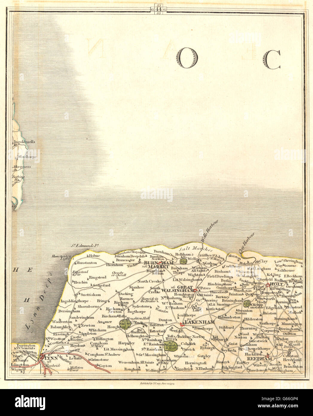 NORTH NORFOLK COAST : Burnham Market Holt King's Lynn Fakenham. CARY, 1794 map Banque D'Images