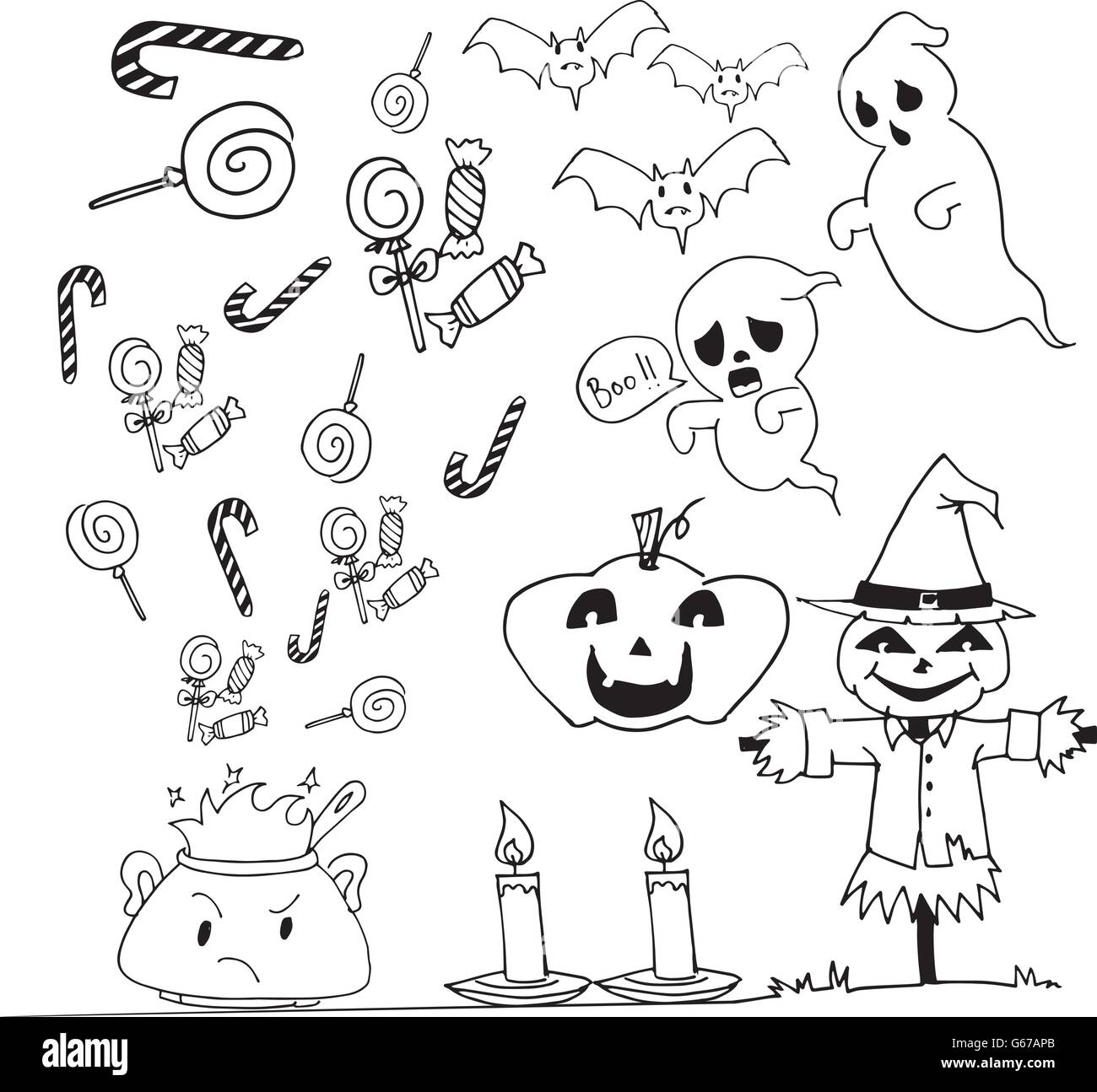 Jeu doodle Halloween pumpkins scarecrow candy Illustration de Vecteur