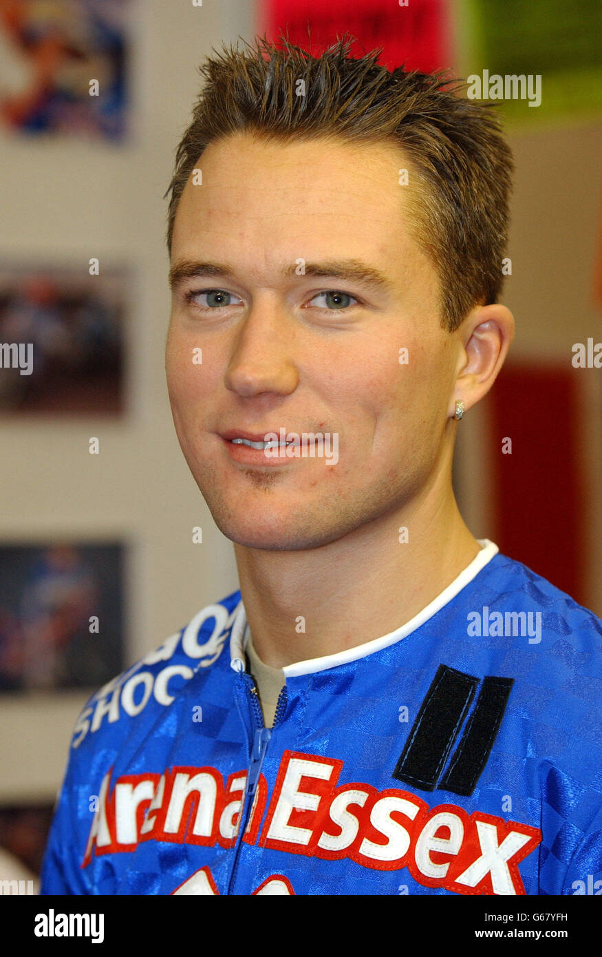 Andy Galvin - circuit de course.Andy Galvin de l'Arena Essex au Speedway GB Exhibition 2003 au National Agricultural Centre de Stoneleigh, Warwickshire. Banque D'Images