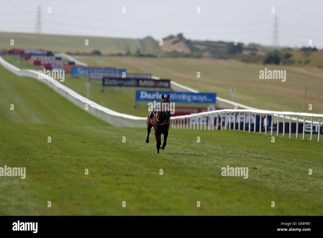 Le droit d'appel échappe à son jockey et aux stalles de départ dans l'E.B.F. de Weatherby Participation de jeune fille à Abu Dhabi Fête des gentlemen du Piper-Heidsieck au Newmarket Racecourse, Newmarket. Banque D'Images