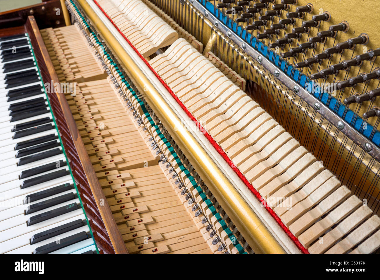 La mécanique d'action close up à l'intérieur d'un piano droit.  Configuration des touches, Shanks, marteaux et cordes Photo Stock - Alamy