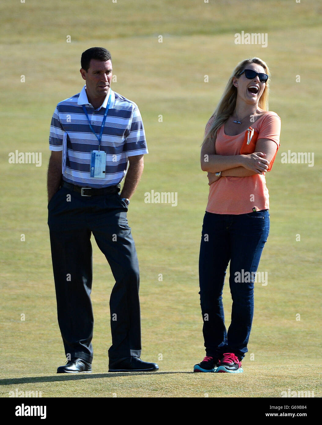 Lindsey Vonn, petite amie de Tiger Woods (à droite) et Mark Steinberg, agent de Wood, lors de la quatrième journée d'entraînement pour le Championnat Open 2013 au Club de golf de Muirfield, East Lothian. Banque D'Images