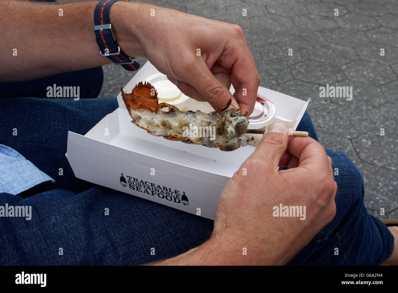 Manger les queues de homard dans la batterie à l'extrémité sud de Manhattan, New York. Banque D'Images