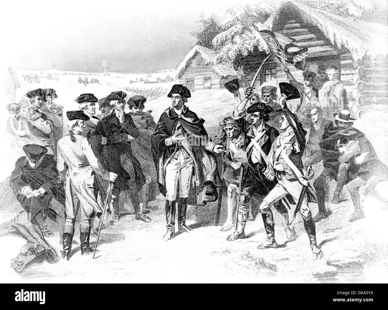 Années 1770, GRAVURE DE GEORGE WASHINGTON PARLER DEVANT DES TROUPES À VALLEY FORGE L'HIVER DE 1777 À 1778 Banque D'Images