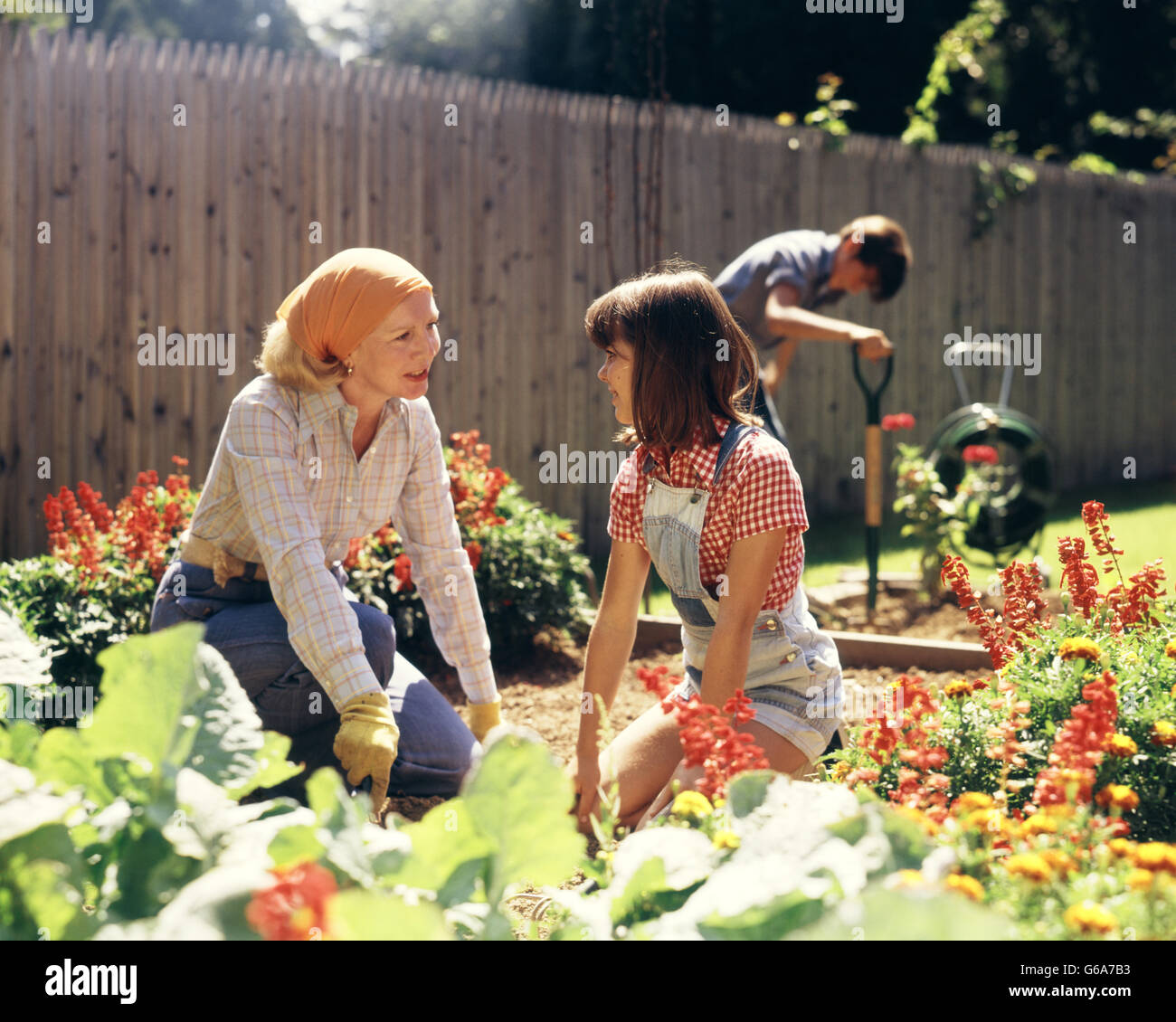 1970 Mère-fille et fils jardinage en arrière-cour Banque D'Images