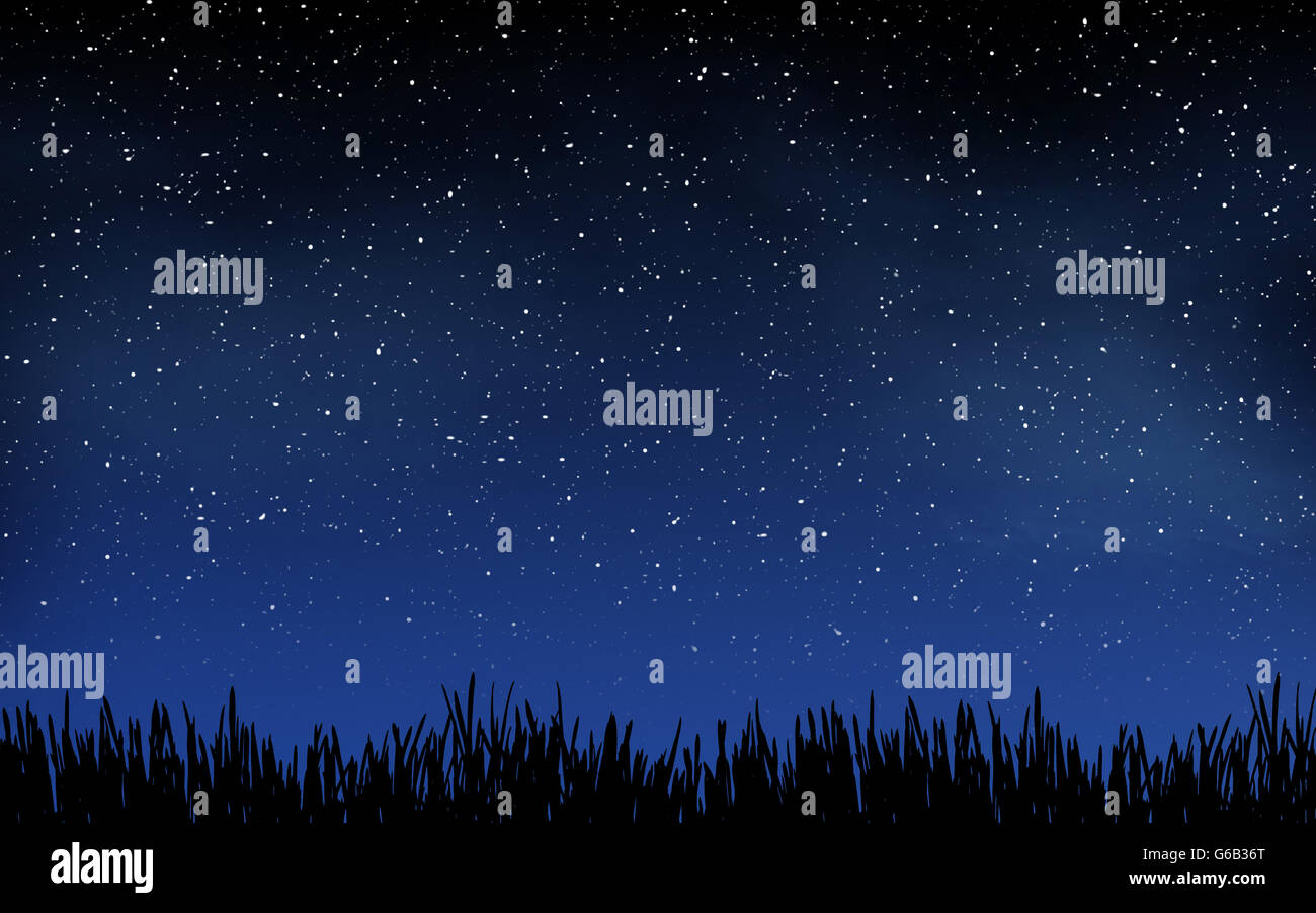 Ciel de nuit profonde avec de nombreuses stars et fond herbe Banque D'Images