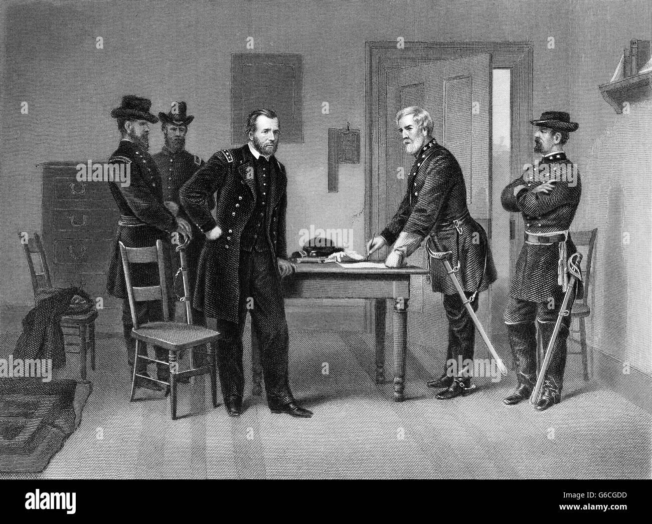 1860 avril 1865 LE GÉNÉRAL ROBERT E LEE SE REND AUX ULYSSES GRANT S SE TERMINANT À LA GUERRE CIVILE AMÉRICAINE Appomattox Court House VA USA Banque D'Images