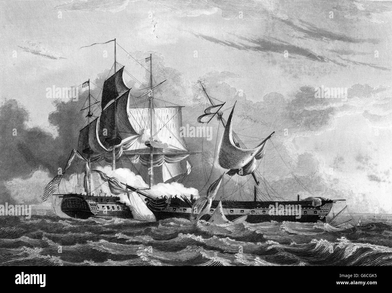 Les États-unis IRONSIDES ANCIENNE CONSTITUTION FRÉGATE LA CAPTURE LE NAVIRE HMS GURRIERE DURANT LA GUERRE DE 1812 Banque D'Images