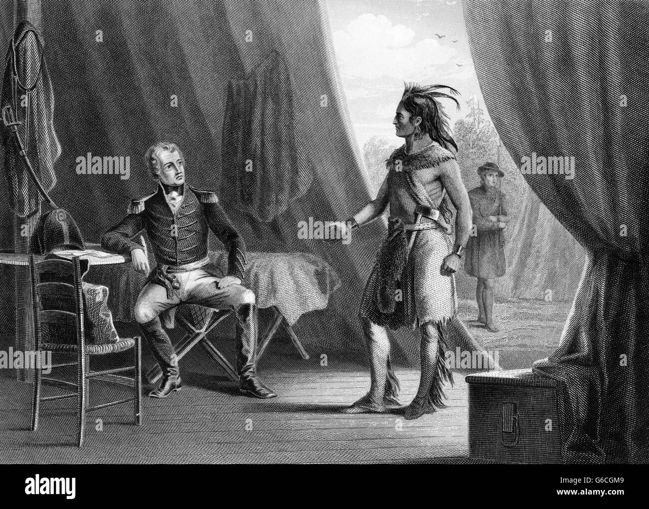 1814 LE GÉNÉRAL ANDREW JACKSON & RED EAGLE WEATHERFORD APRÈS LA DÉFAITE DES INDIENS BATAILLE DE HORSESHOE BEND OREGON CREEK INDIAN WARS Banque D'Images