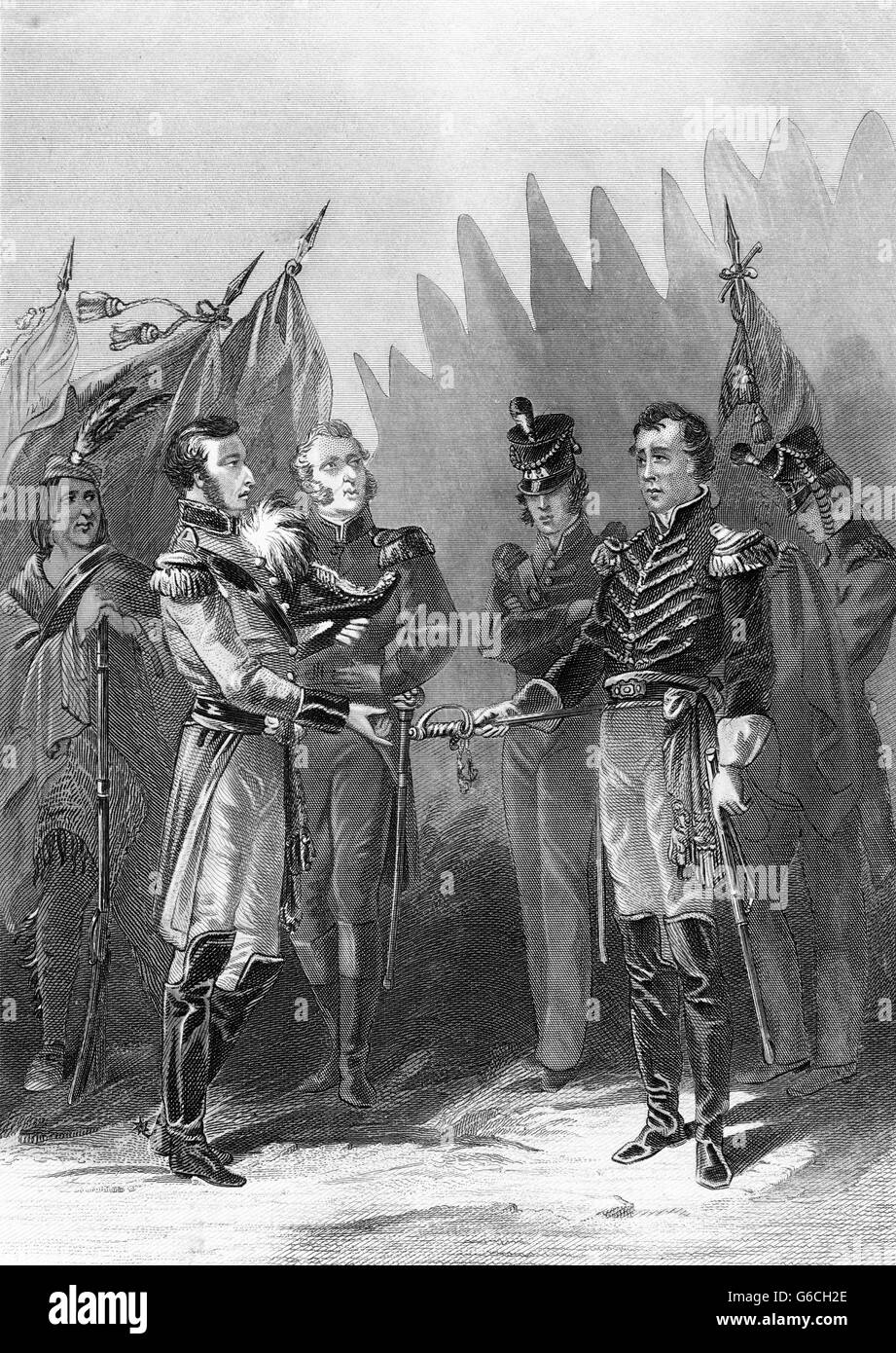 Le général WILLIAM HULL SE REND À DETROIT LE 16 AOÛT BRITANNIQUE PENDANT LA GUERRE DE 1812 Banque D'Images