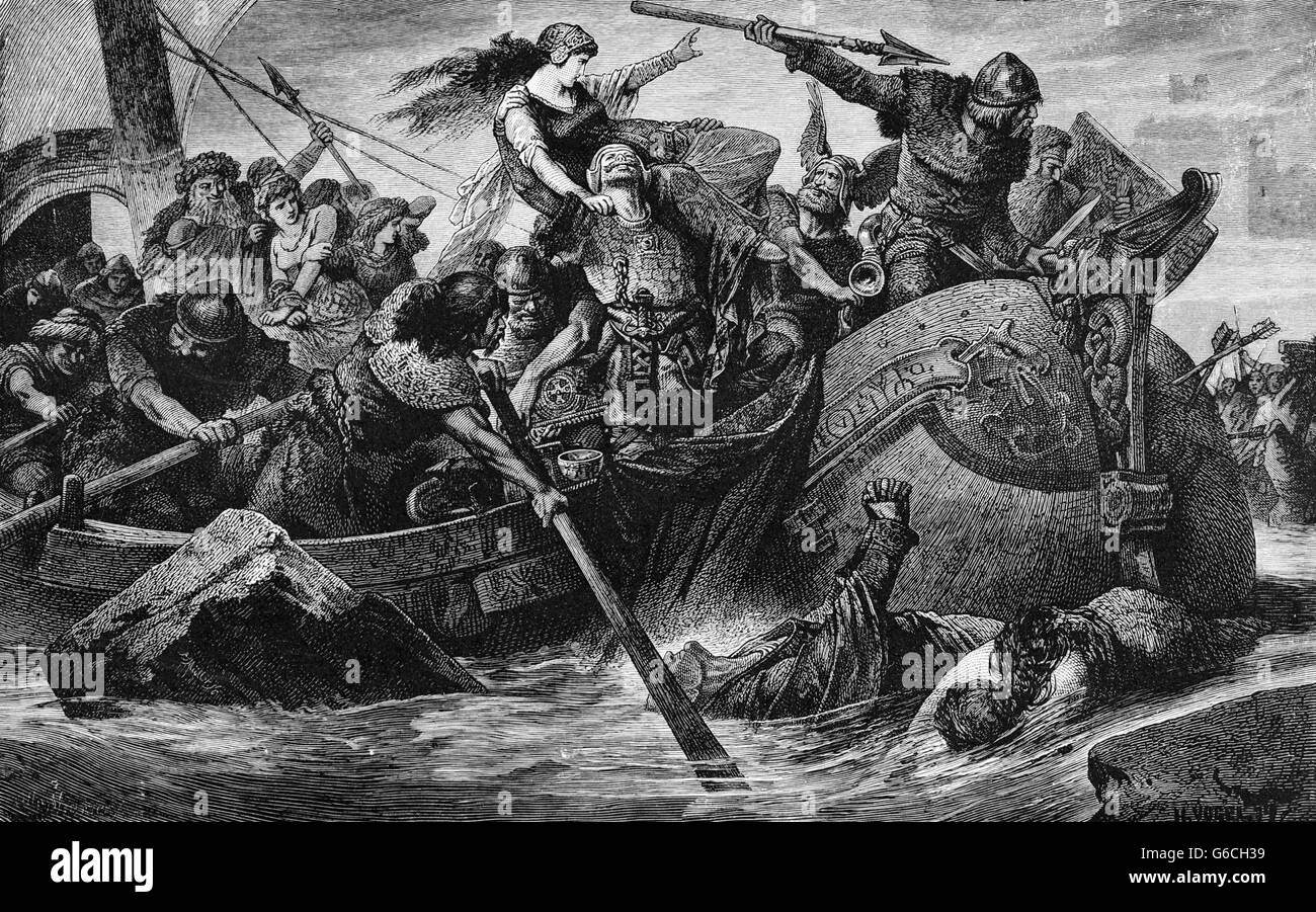 900s 1000s VIKING SHIP AU RAID NORDIQUE bataille sur la côte anglaise pendant le règne du roi Olaf Banque D'Images