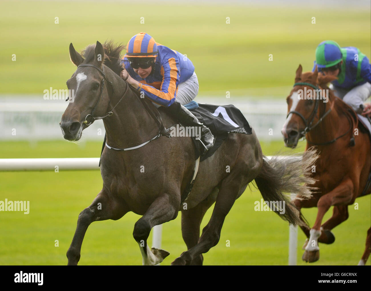 Le Jockey Joseph O'Brien fait passer la chanson de la victoire à la victoire dans la jeune fille non accompagnée pendant la journée des piquets de Moyantireflet au Curragh Racecourse, Co Kildare, Irlande. Banque D'Images