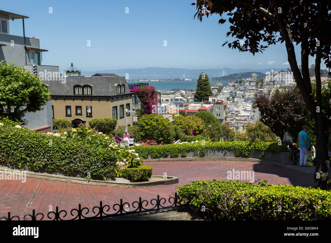 Vue sur San Francisco à partir d'une courbe de Lombard Street. Banque D'Images